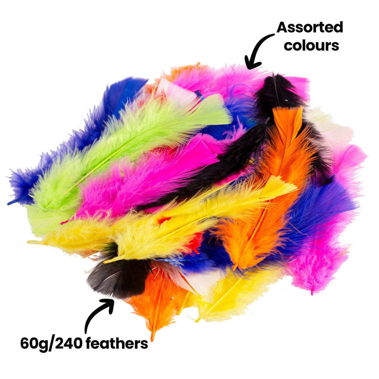 A loose pile of Zart Feathers 60g Coloured Pack of 240 in bright assorted colours — pink, purple, lime, yellow, orange, blue and black. Annotated "Assorted colours" and "60g/240 feathers", showing the fluffy texture and range included in each pack.