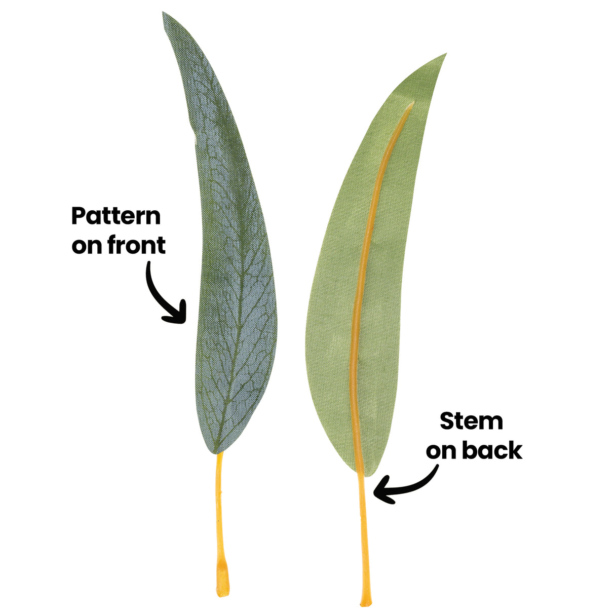 An annotated image of two Zart Gum Leaves shown front and back, labelled "Pattern on front" with an arrow pointing to the printed vein detailing on one leaf, and "Stem on back" with an arrow pointing to the yellow plastic stem running along the reverse of the other.