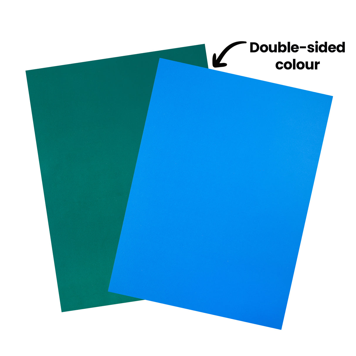 Two Lino Tile Vinyl Double Sided sheets displayed on a white background, one green and one blue. Annotated text reads “Double-sided colour,” highlighting that each sheet has different colours on each side.