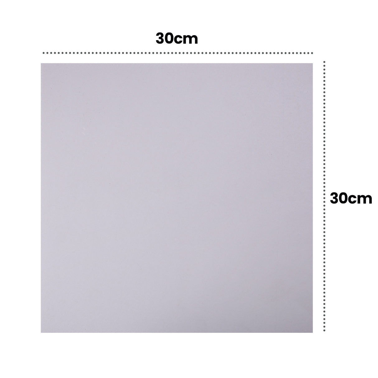 Square grey Silk Cut Lino Tile displayed on a white background with dotted measurement guides. Annotated text reads “30cm” across the top and “30cm” down the side, indicating the tile’s full dimensions.