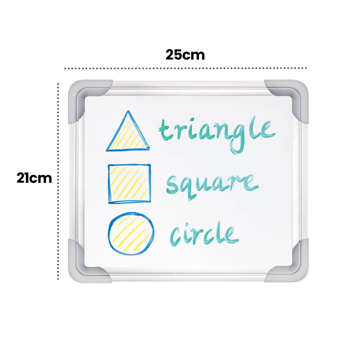 A Zart magnetic whiteboard with the silver frame and grey corners, annotated "25cm" across the top and "21cm" down the side. The surface shows a blue triangle, square and circle filled with yellow, each labelled in green marker: "triangle", "square" and "circle", demonstrating classroom use.