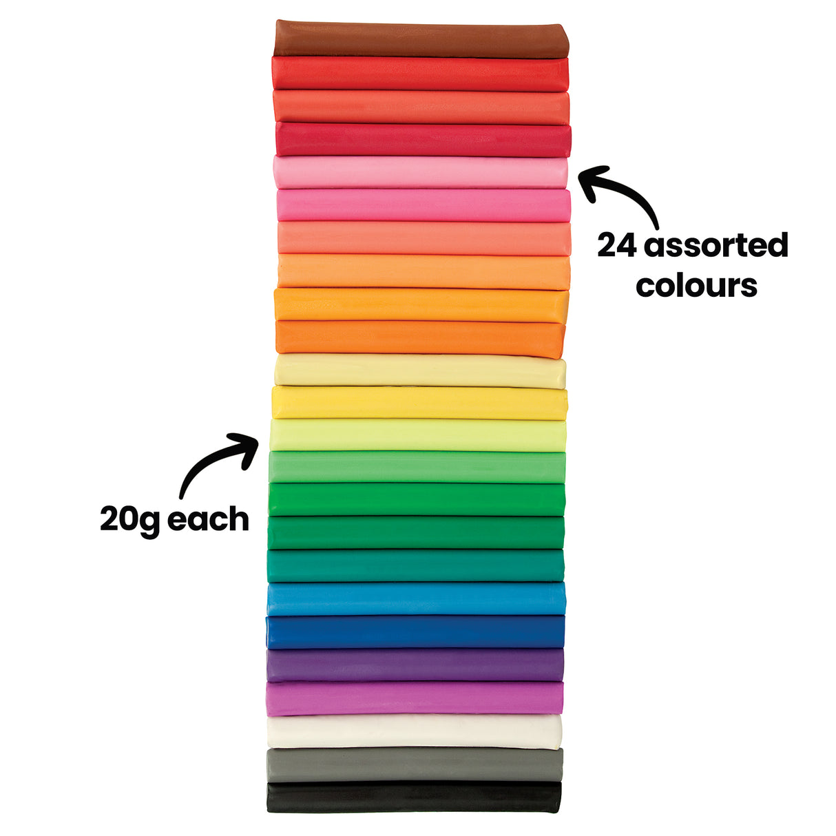 Stack of Plasticine sticks arranged vertically in a gradient of 24 assorted colours, ranging from warm reds, oranges and yellows to cool greens, blues and purples, plus neutrals. Smooth, slightly glossy surfaces show a soft, pliable texture. Annotation text reads “24 assorted colours” and “20g each”.
