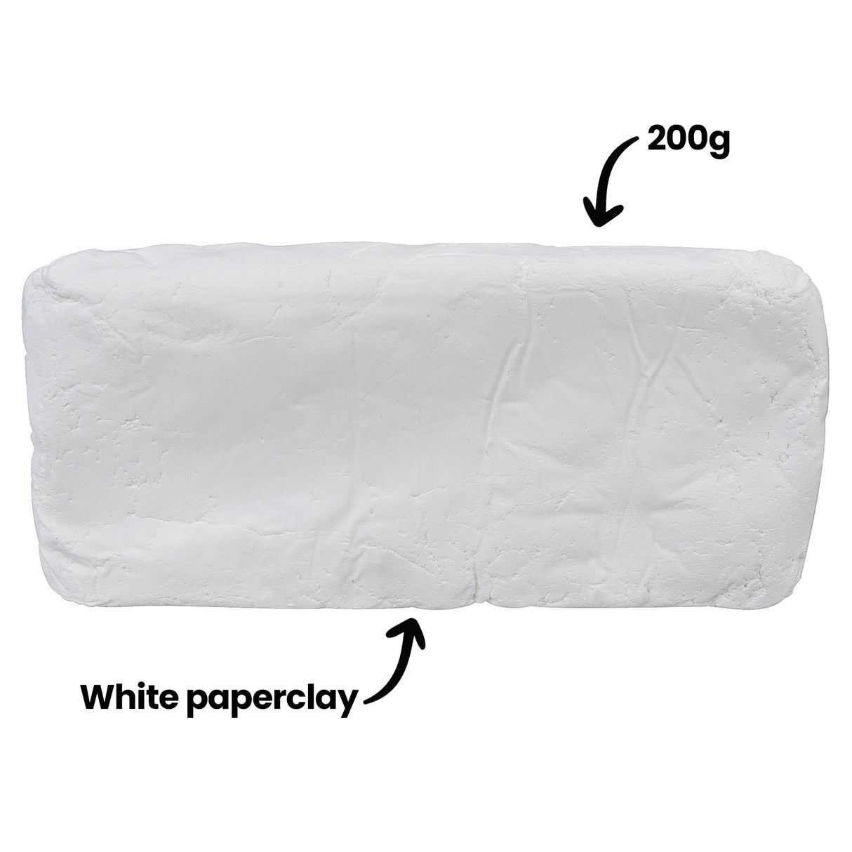 Large rectangular block of white paperclay with a smooth, slightly textured surface showing natural creasing and an air-dried finish. Annotations read "200g" pointing to the top and "White paperclay" pointing to the bottom of the block, displayed against a plain white background.