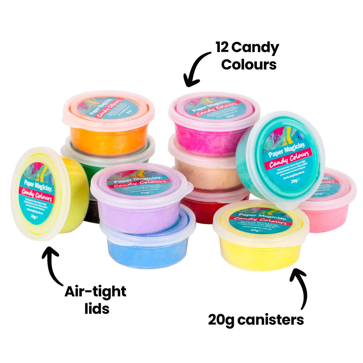 Twelve 20g canisters of Paper Magiclay Candy Colours stacked together, each with air-tight lids and featuring vibrant hues including yellow, orange, pink, magenta, turquoise, lilac, blue, red, green and peach. Labels read "12 Candy Colours," "Air-tight lids," and "20g canisters" highlighting the product's variety and storage features.