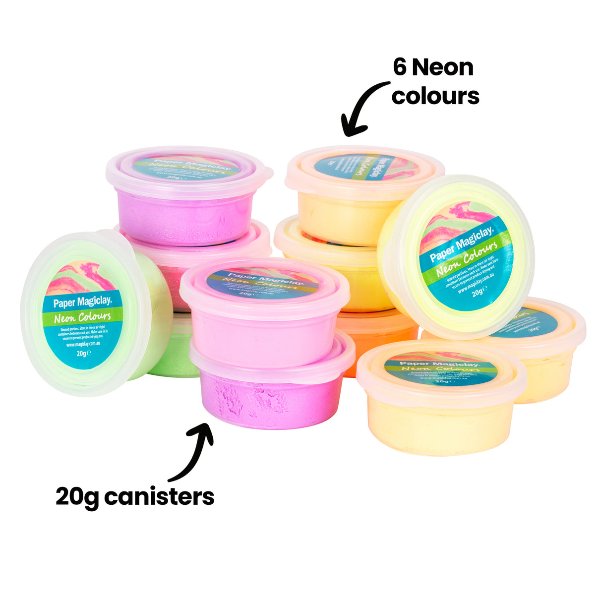 Stack of twelve 20g canisters of Paper Magiclay in six neon colours including vibrant pink, yellow, orange, and lime green. Each round tub features a blue circular label on the lid. Annotation text reads "6 Neon colours" and "20g canisters" indicating the product range and size.