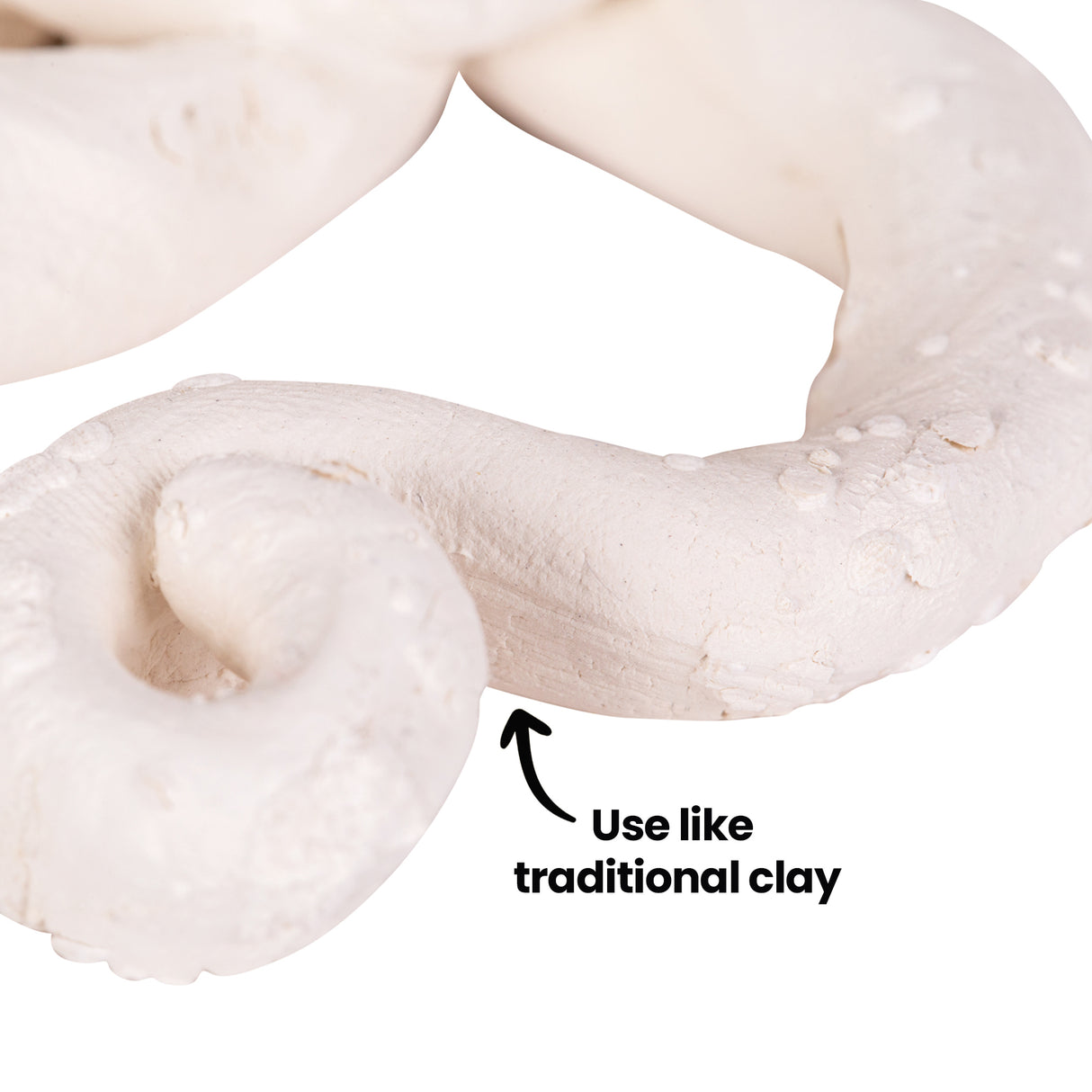 Close-up of a clay tentacle with visible texture and small cracks, with on-image text reading “Use like traditional clay”.