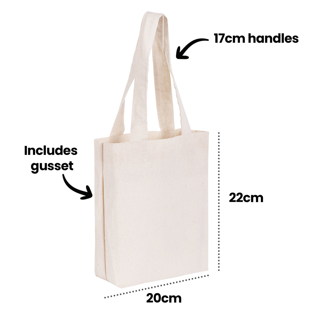 An annotated angled view of the plain Zart Calico Bag, with an arrow and text reading "17cm handles" pointing to a handle, and "Includes gusset" pointing to the side panel. Dimension lines mark the bag's height as "22cm" and width as "20cm".