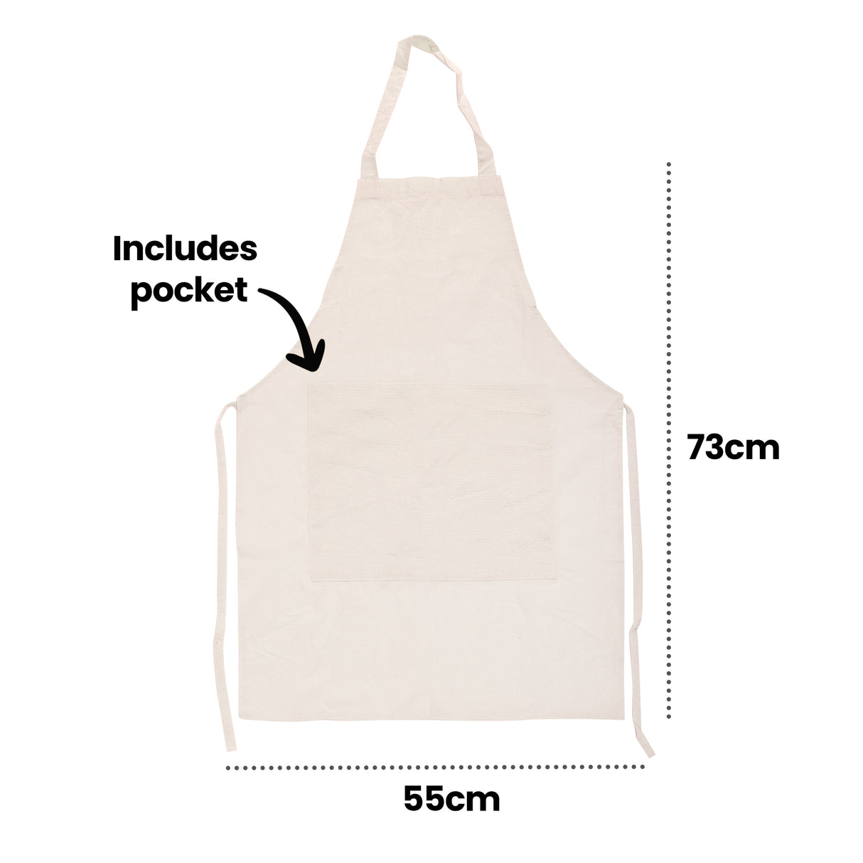 An annotated view of the plain Zart Calico Apron, with an arrow and text reading "Includes pocket" pointing to the square front pocket. Dimension lines mark the apron's height as "73cm" and its width as "55cm", shown against a plain undecorated calico body.