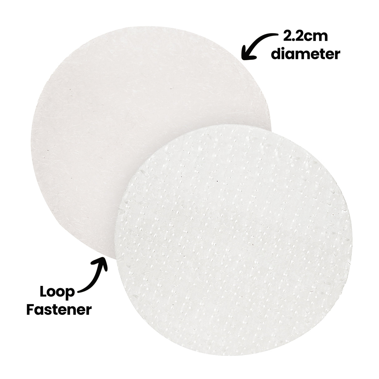 Two white circular loop fastener dots displayed side by side, showing contrasting textures—one soft and fuzzy, the other slightly rough with fine raised bumps. Annotation text reads “2.2cm diameter” and “Loop Fastener” with arrows pointing to each surface