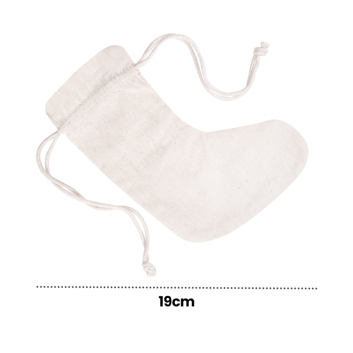 Plain calico stocking laid flat on a white background with dotted measurement guide and on-image text reading “19cm,” indicating the stocking length. The usable drawstring closure is visible at the top opening.