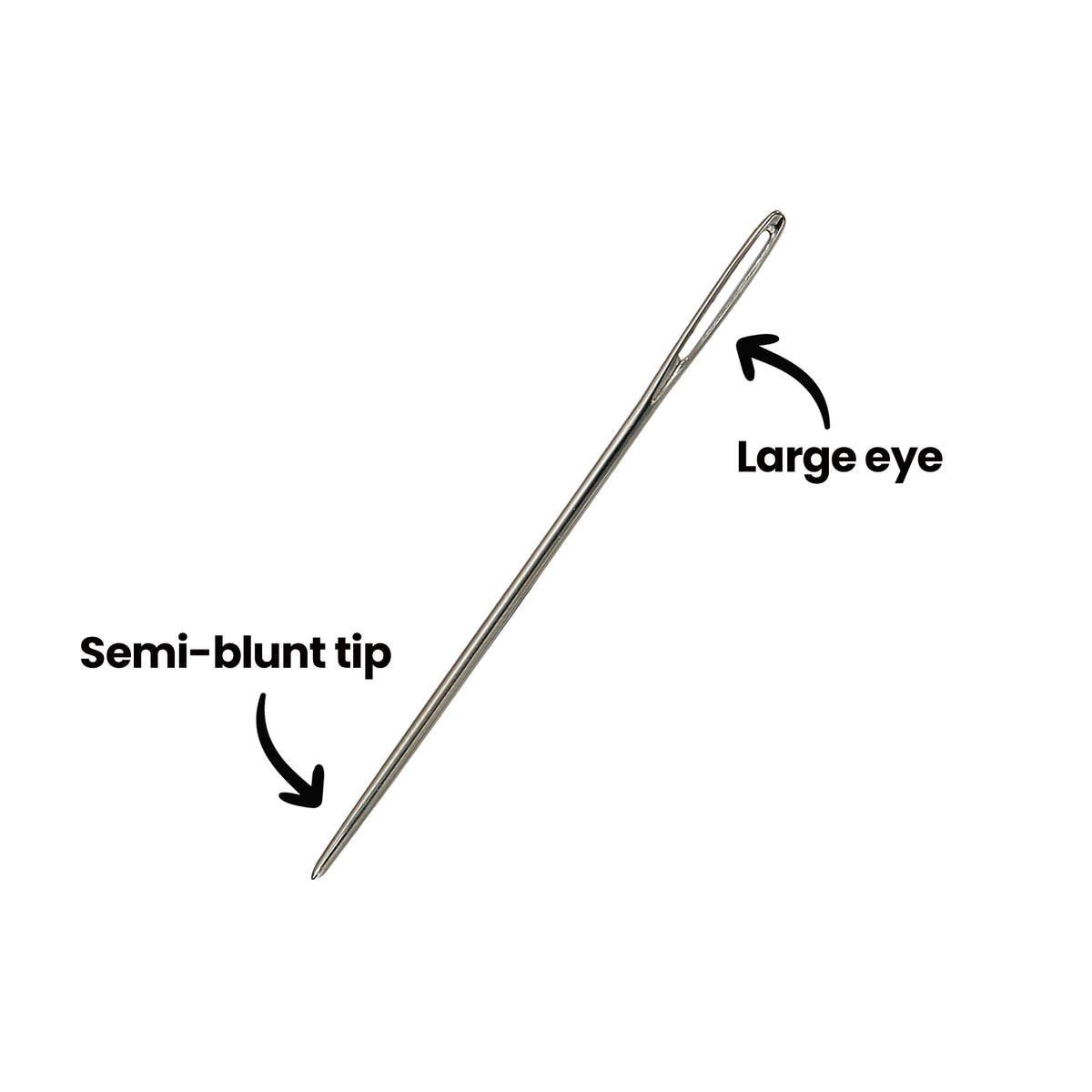 A single silver Zart tapestry needle shown diagonally, with two annotations. An arrow points to the long elongated eye at the upper end labelled ‘Large eye’, and a second arrow points to the lower end labelled ‘Semi-blunt tip’, where the shaft tapers to a rounded point.