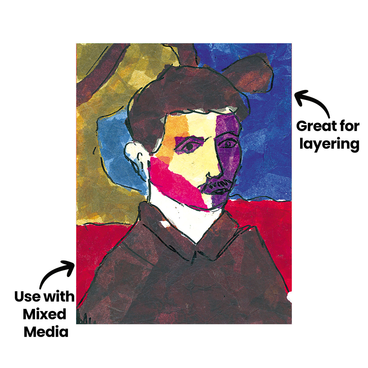 A mixed media portrait artwork created with layered tissue paper is displayed against a pale grey background. Black annotation text reads “Use with Mixed Media” and “Great for layering”. The artwork combines torn translucent paper textures with bold painted outlines and vibrant contrasting colours.