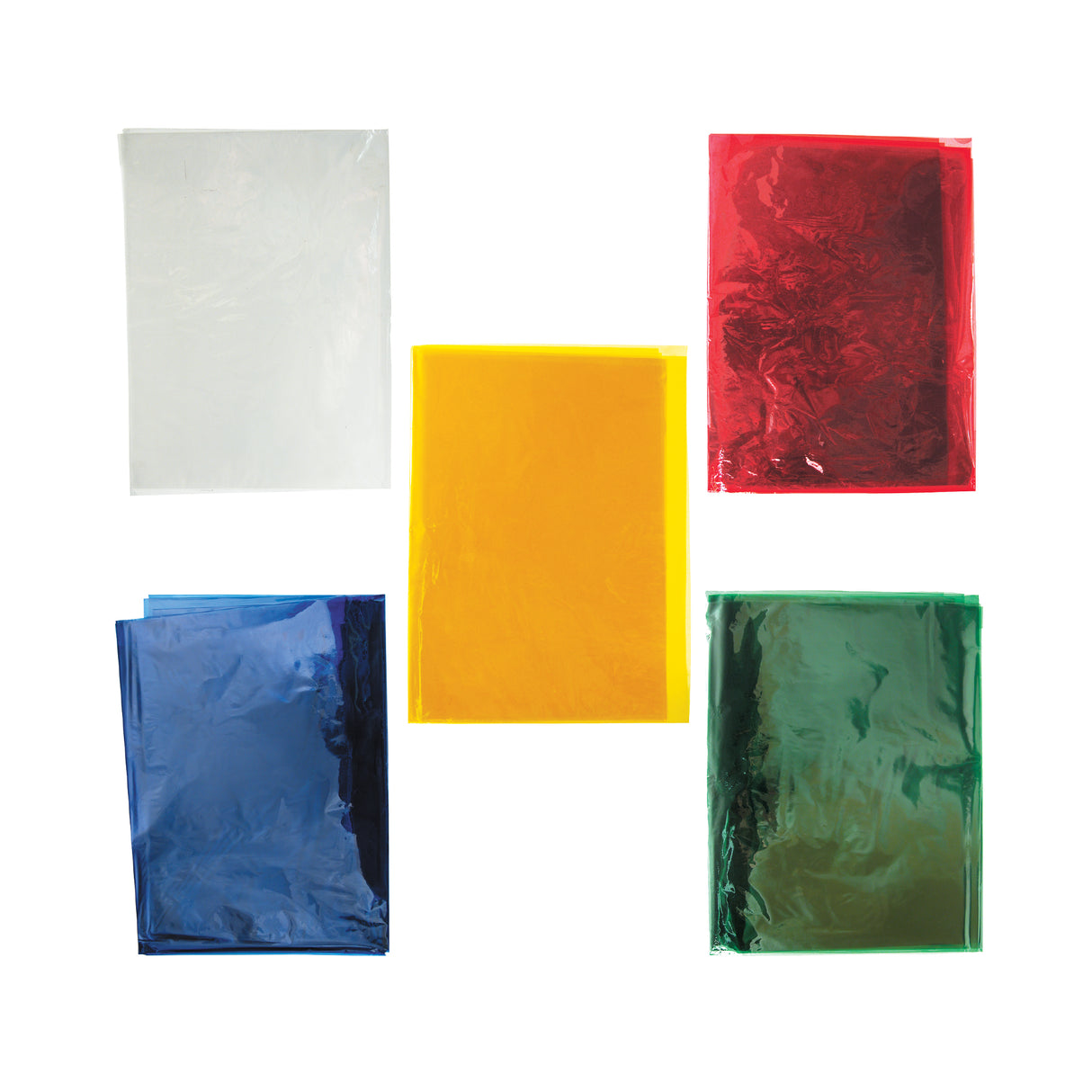 Five coloured cellophane sheets displayed separately on a white background, including clear, red, yellow, green and blue. The glossy, semi-transparent material shows subtle creases and reflections, demonstrating the flexible texture of each sheet.