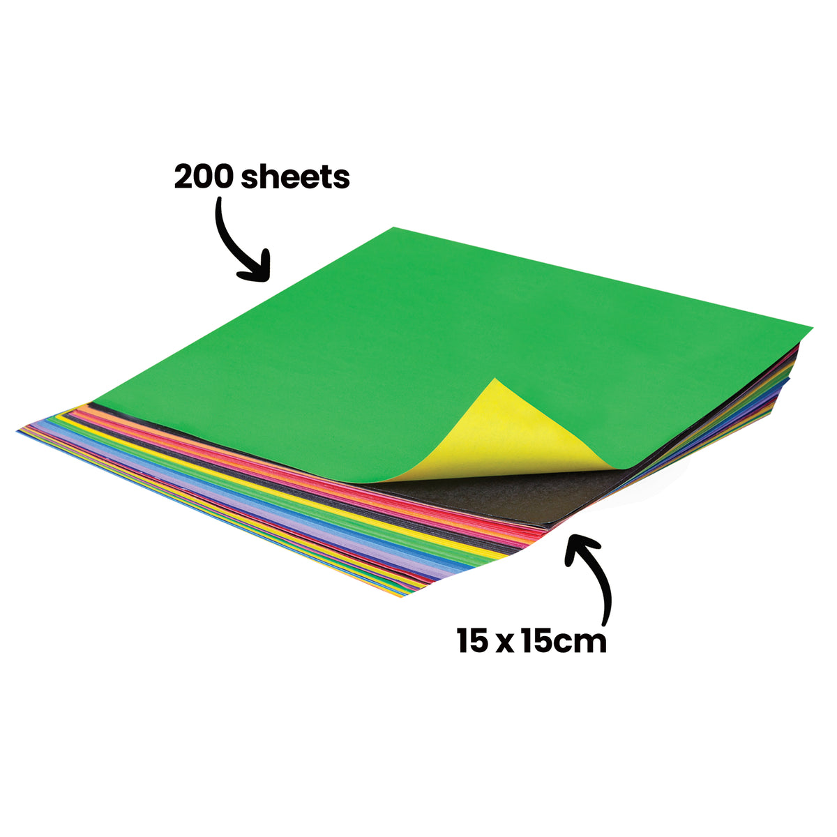 A stack of square Collagami paper topped with a green sheet, one corner peeled back to reveal a yellow underside and a black sheet beneath. The layered edges show many bright colours. Curved arrows point to annotations reading ‘200 sheets’ and ‘15 x 15cm’.