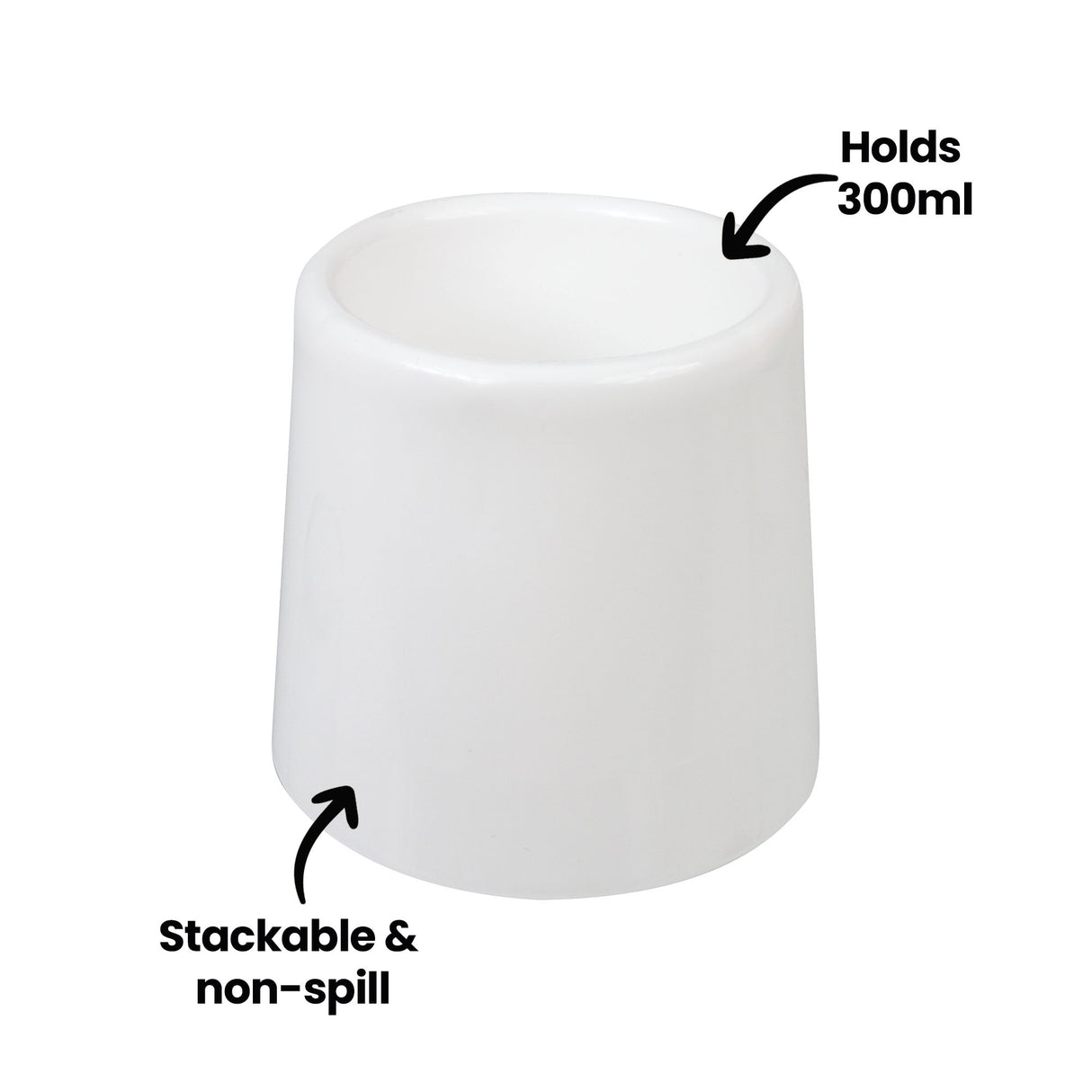 White plastic water pot with tapered cylindrical design and recessed lid, featuring a smooth matte finish. The stackable container holds 300ml and includes a non-spill design. Two black arrows with annotations point to key features: "Holds 300ml" at the top and "Stackable & non-spill" at the base.
