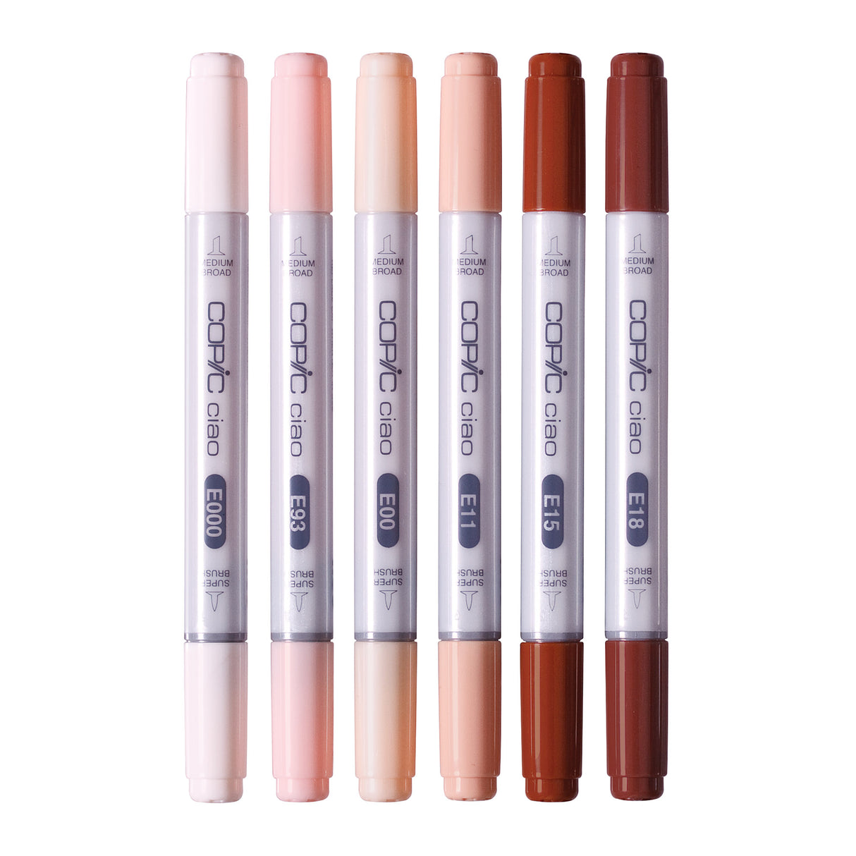 Copic Ciao Marker Set Skin Pack of 6 standing upright in a row, displaying colour codes E000, E93, E00, E11, E15, and E18. Each marker features a white barrel with colour-coded caps and barrel ends progressing from pale blush and soft pink through warm beige to rich reddish-brown, labelled "Medium Broad" and "Super Brush".