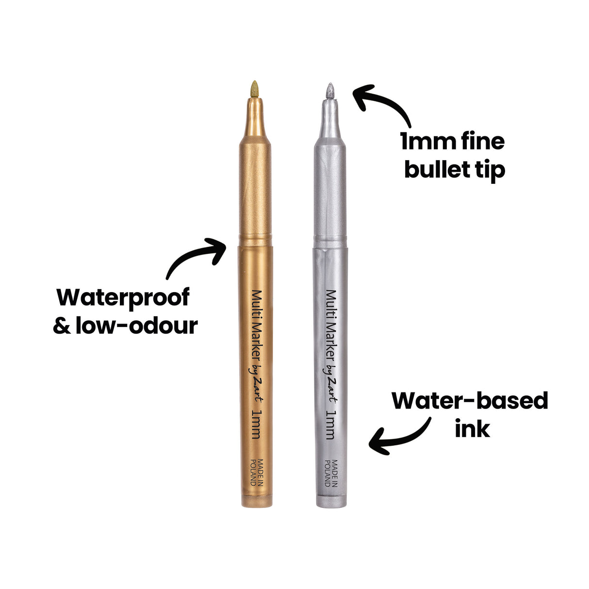 Two Multi Marker by Zart pens, one gold and one silver, shown upright with caps off. Annotation text reads 1mm fine bullet tip, Water-based ink and Waterproof & low-odour, with arrows pointing to the relevant features.