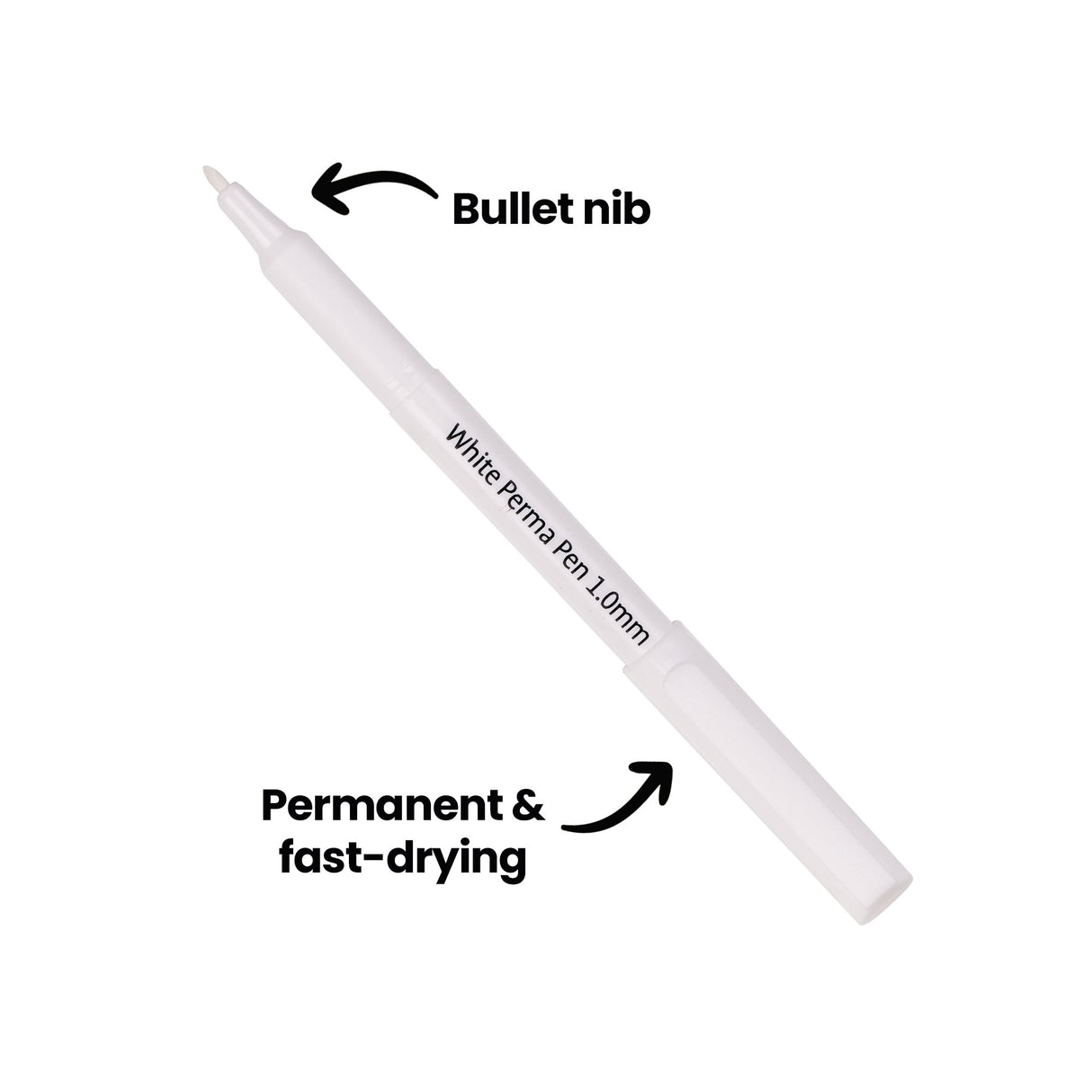 White Perma Pen 1.0mm positioned diagonally on white background, featuring a translucent white barrel and bullet-shaped nib. Annotation text reads "Bullet nib" with arrow pointing to tip, and "Permanent & fast-drying" with arrow indicating the pen barrel. The permanent marker shows clear lettering along its length.