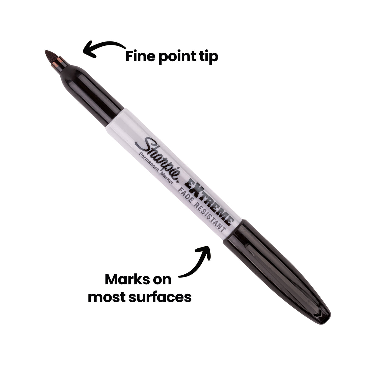 Black Sharpie Extreme permanent marker shown at an angle on a white background, with on-image text reading “Fine point tip” and “Marks on most surfaces,” and arrows pointing to the tip and barrel.