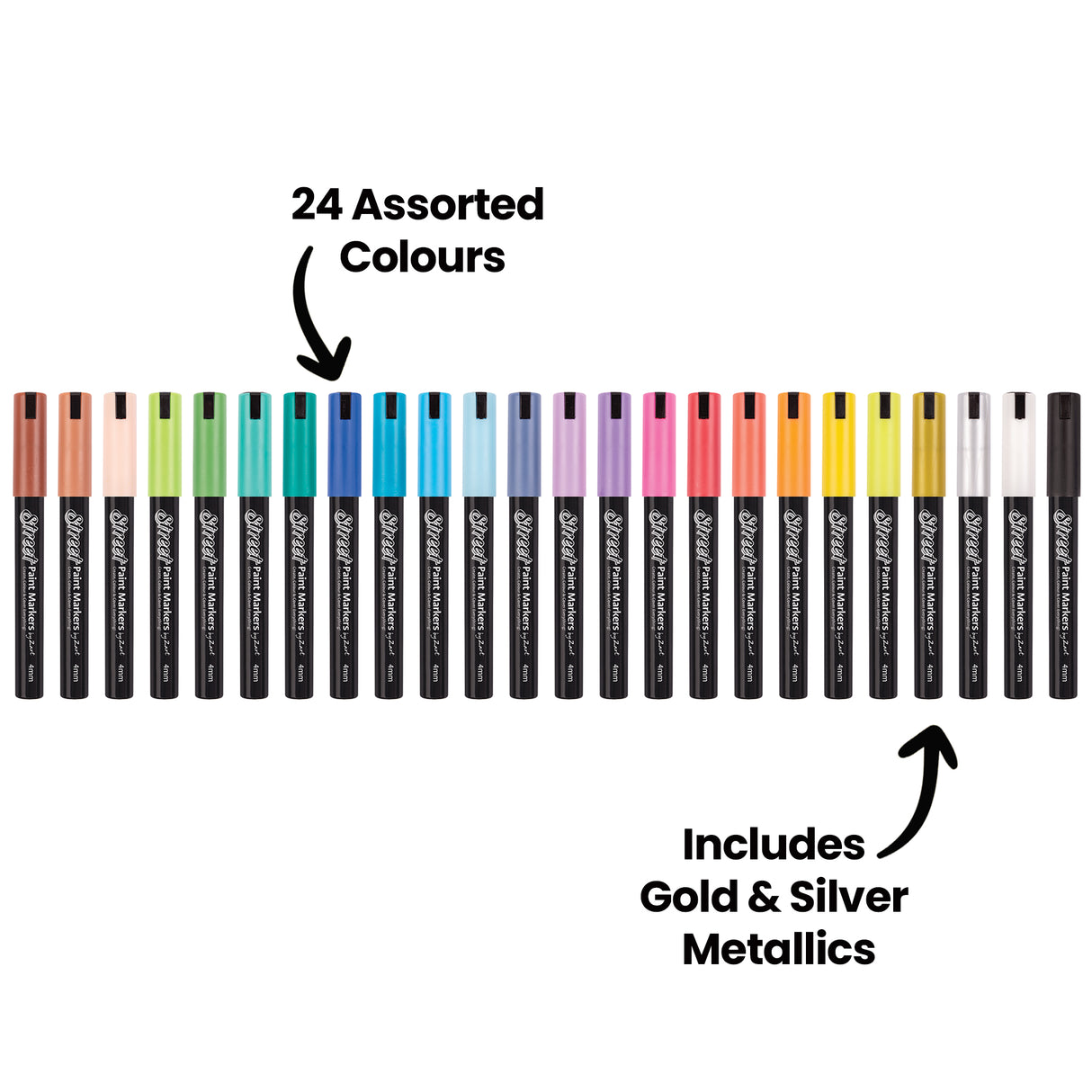 Row of 24 Street Paint Markers in assorted colours, including gold and silver metallics. Text on the image highlights “24 Assorted Colours” and “Includes Gold & Silver Metallics.”