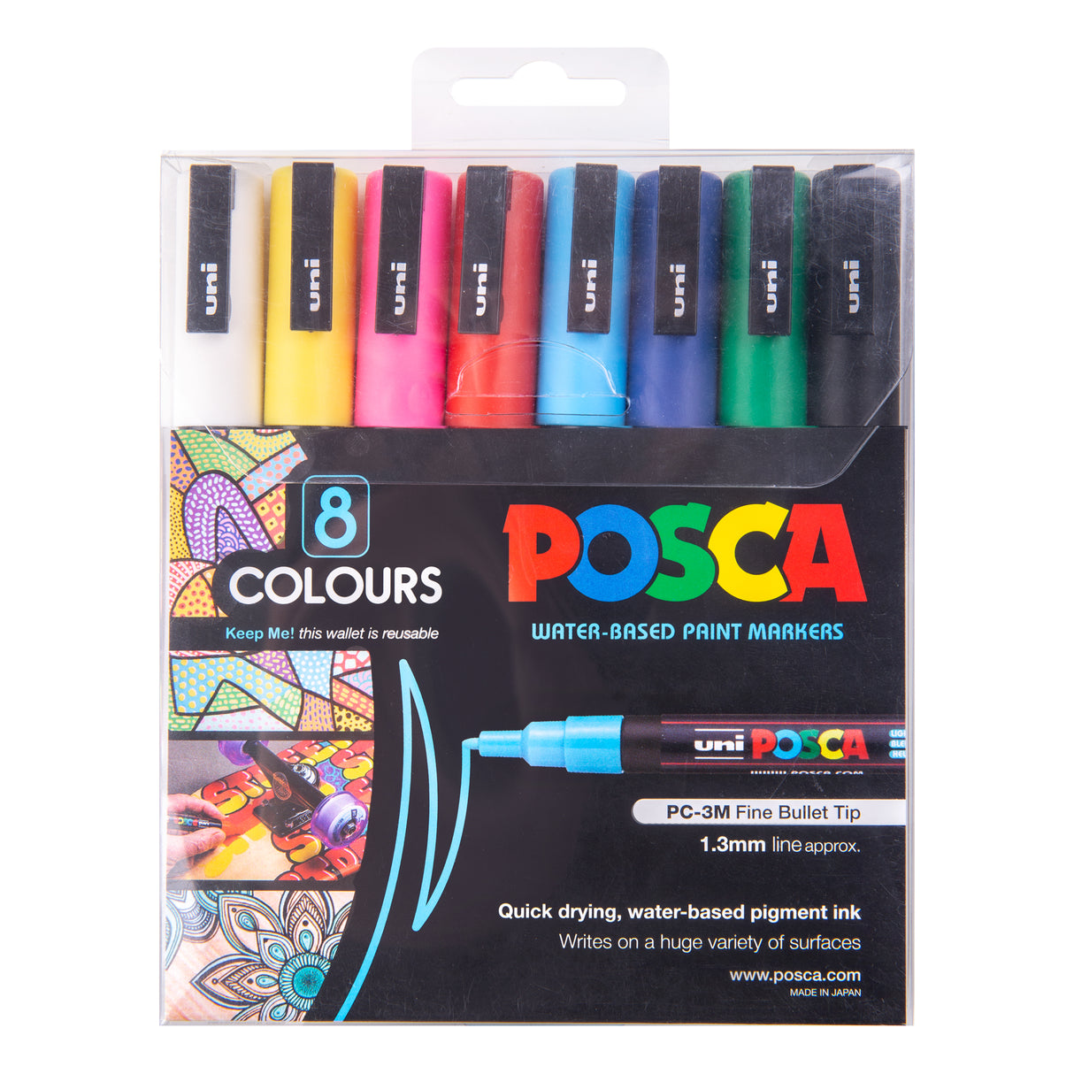POSCA 8-colour pack displayed in a clear plastic wallet showing the marker caps. The front label features product information, sample artwork and the text “8 Colours” and “Water-based paint markers.”