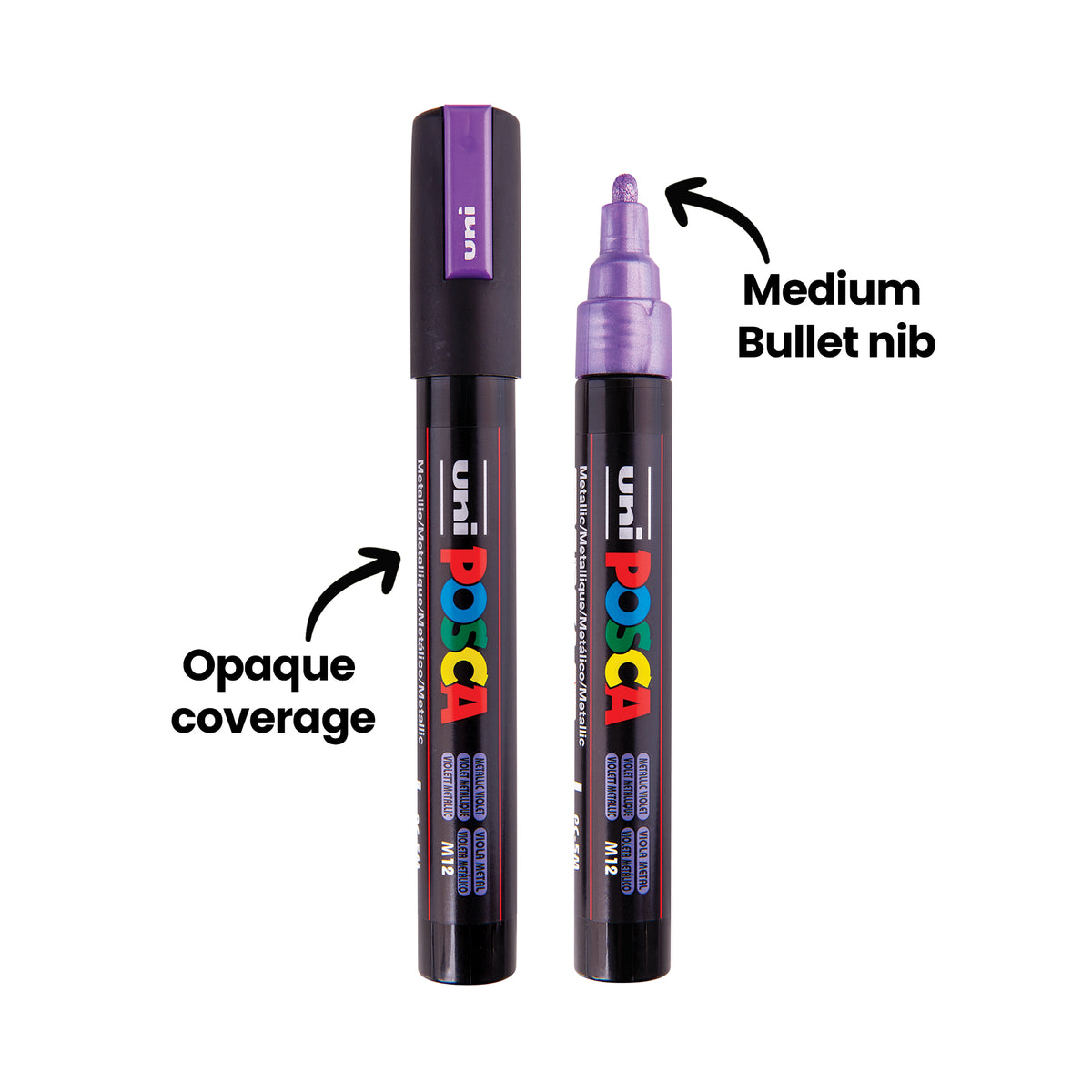 Two POSCA Metallic Markers on white, one capped in violet with "Opaque coverage" annotated, the other uncapped showing its rounded metallic violet nib with "Medium Bullet nib" annotated and an arrow pointing to the tip.