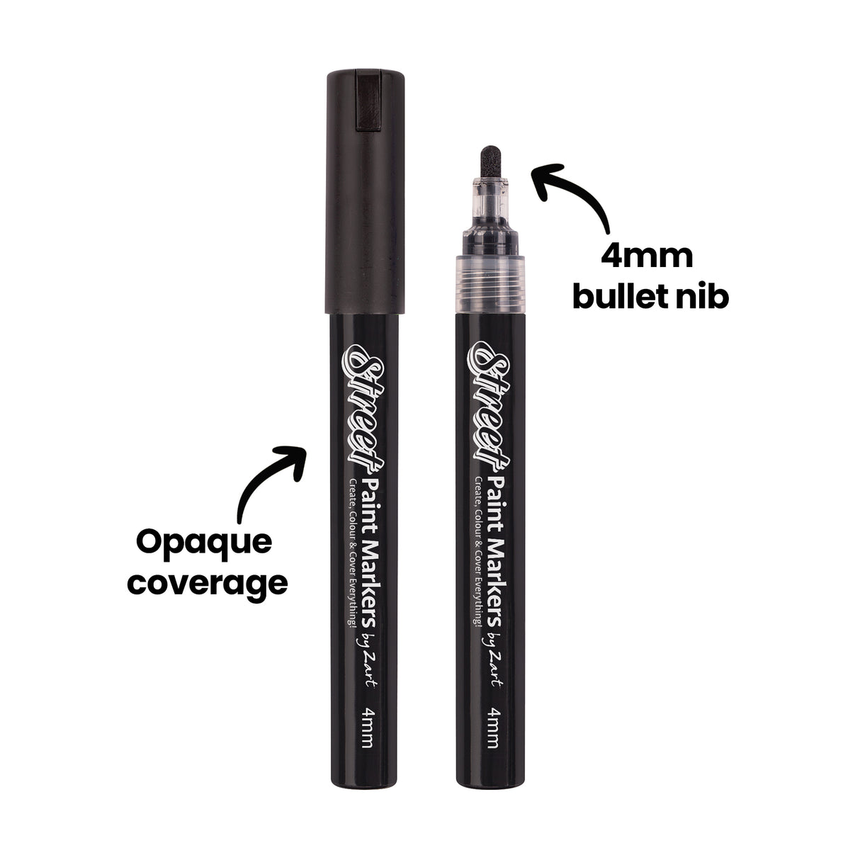 Two Street Paint Markers by Zart are shown upright, one capped and one uncapped, revealing a rounded tip. Black annotation text reads “4mm bullet nib” and “Opaque coverage,” with arrows pointing to the nib and the smooth black barrel.