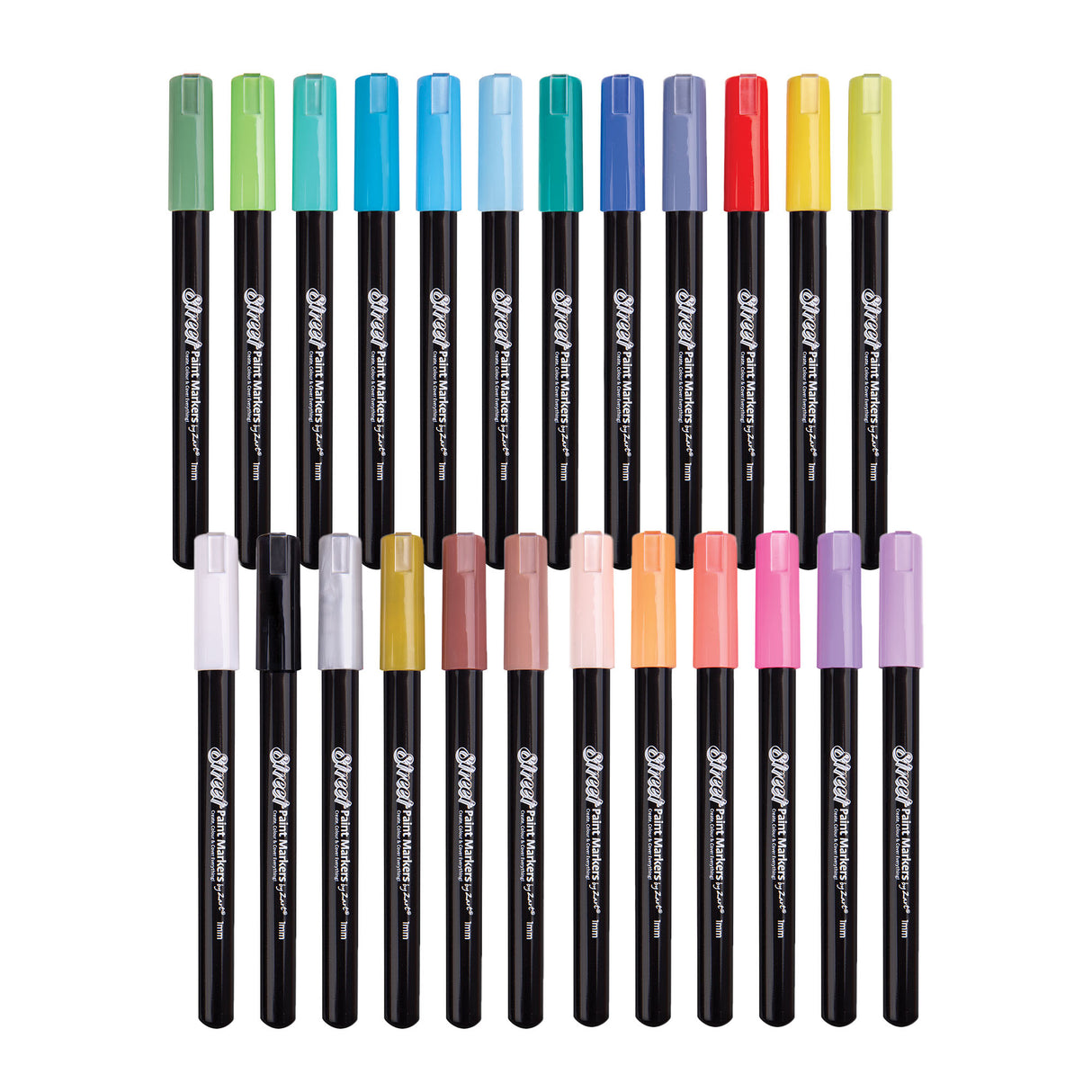 Street Paint Markers by Zart displayed in two rows of twelve, showing a broad colour range from greens, blues and teals to reds, yellows, pinks, purples, browns, black, white and silver. Each marker has a black barrel with a coloured cap and bullet tip, ready for waterbased paint marking.