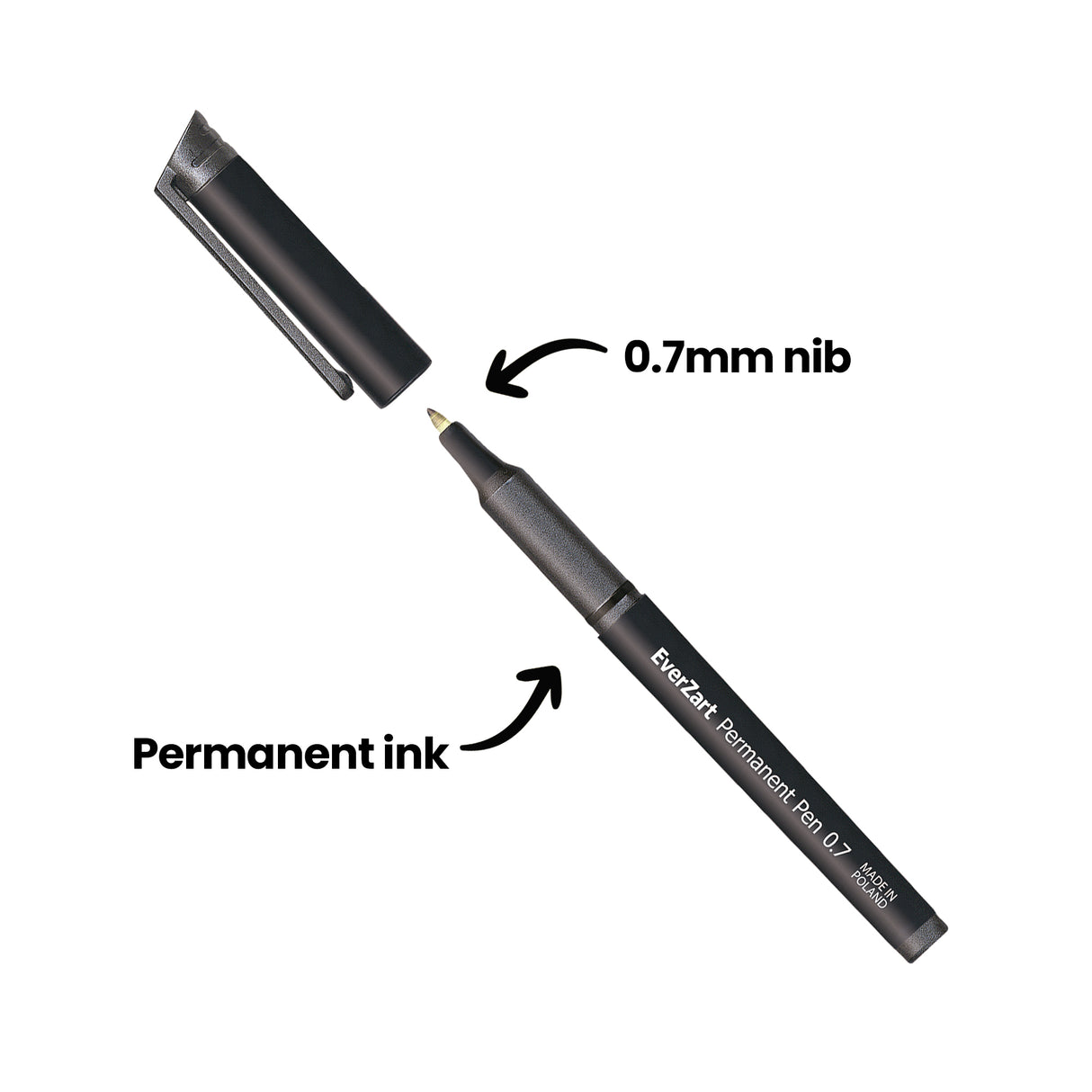 An uncapped EverZart Permanent Pen 0.7 shown diagonally on a white background. Black arrows label features reading “0.7mm nib” and “Permanent ink”.