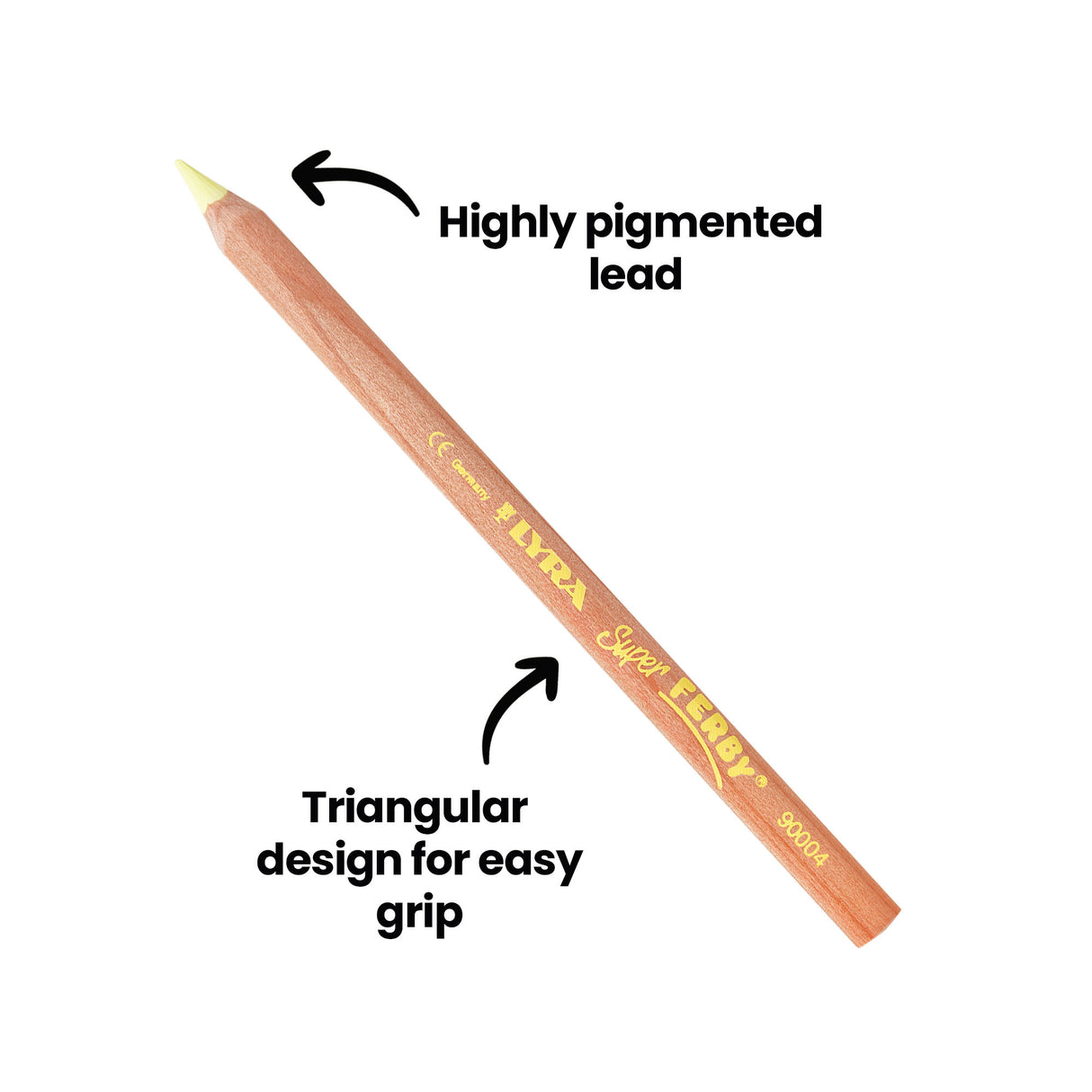 Close-up of a single LYRA Super Ferby coloured pencil angled on a white background. Annotation text reads “Highly pigmented lead” pointing to the tip and “Triangular design for easy grip” pointing to the pencil barrel.
