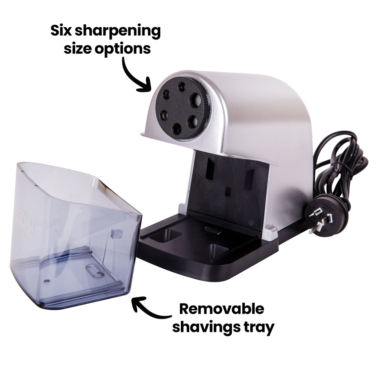 The Ledah Electric Pencil Sharpener is shown with the transparent removable shavings tray detached from the base. Black annotation text reads “Six sharpening size options” and “Removable shavings tray”, highlighting the adjustable sharpening holes and easy-clean collection compartment for classroom or studio use.