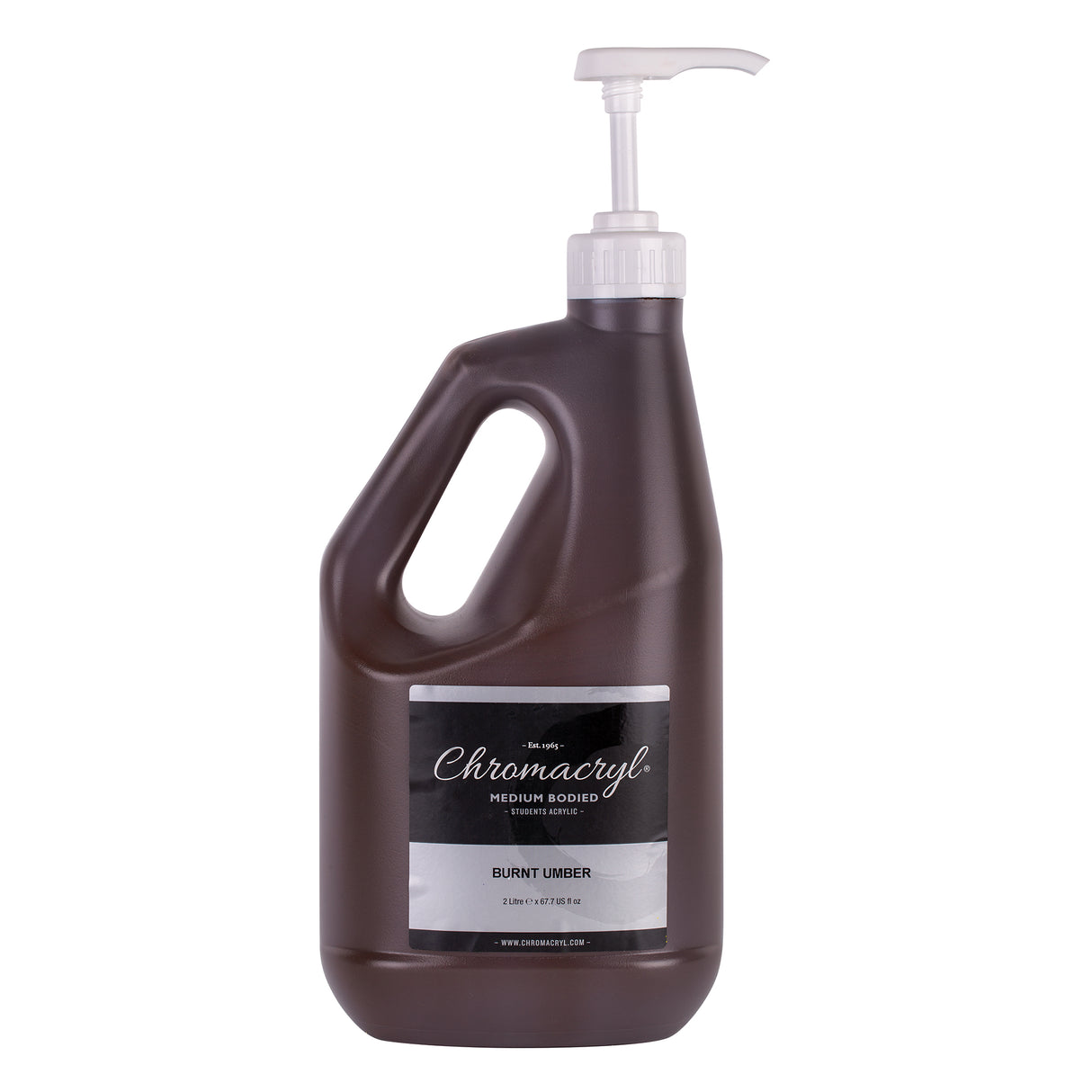 A 2 litre bottle of Chromacryl Medium Bodied Students Acrylic in Burnt Umber, fitted with the Zart School Colours Paint Pump. The dark brown bottle has an integrated carry handle and a black and silver label with gold script branding.