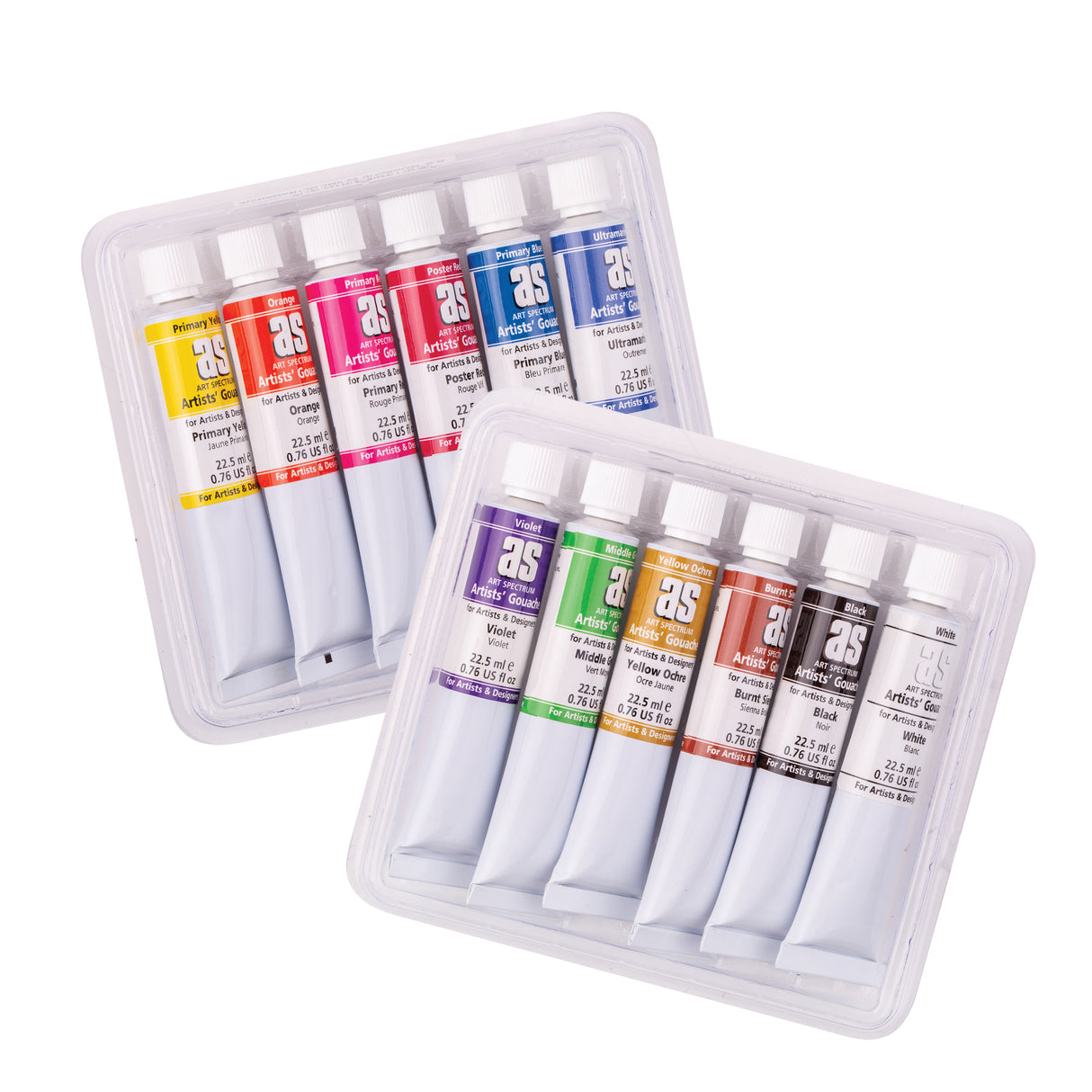 Two clear plastic trays hold tubes of Art Spectrum Artists’ Gouache arranged diagonally. Visible colours include Primary Yellow, Orange, Primary Red, Poster Red, Primary Blue, Ultramarine, Violet, Middle Green, Yellow Ochre, Burnt Sienna, Black and White, each labelled 22.5 ml.