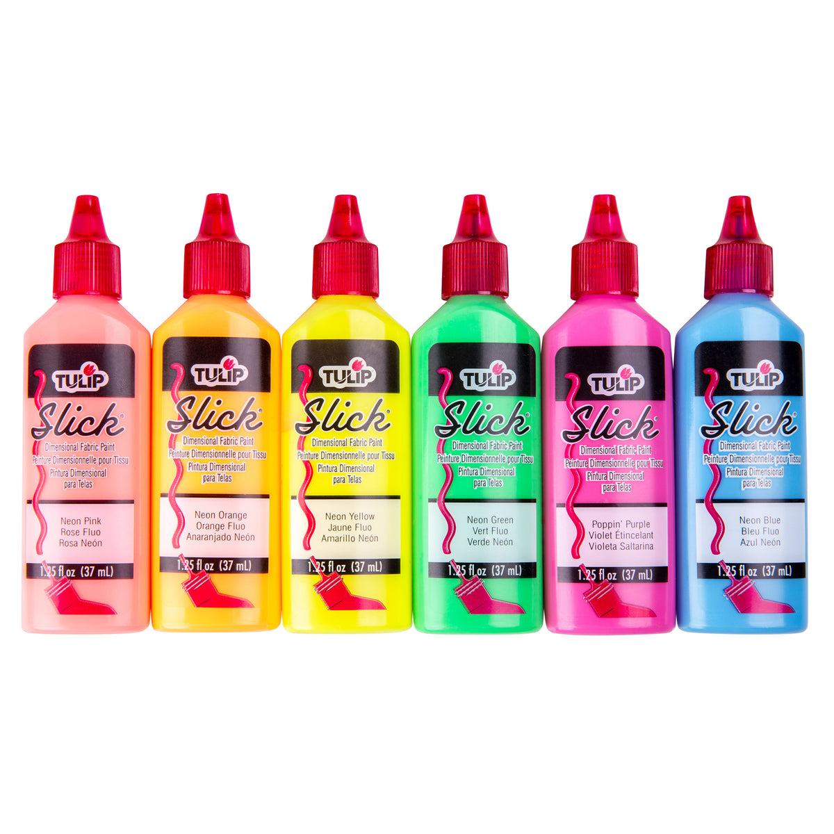 Six Tulip Slick Dimensional Fabric Paint bottles standing in a row against white, each with a red pointed nozzle cap. The bottles are filled with neon pink, neon orange, neon yellow, neon green, poppin’ purple and neon blue paint, labelled with the colour name on each.