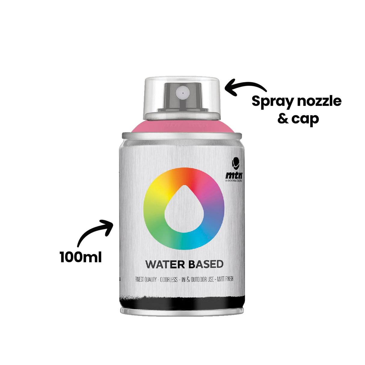 Single spray paint can shown upright on a white background with annotations reading Spray nozzle & cap and 100ml. The label reads WATER BASED with a colourful droplet logo and mtn branding, indicating water-based spray paint.