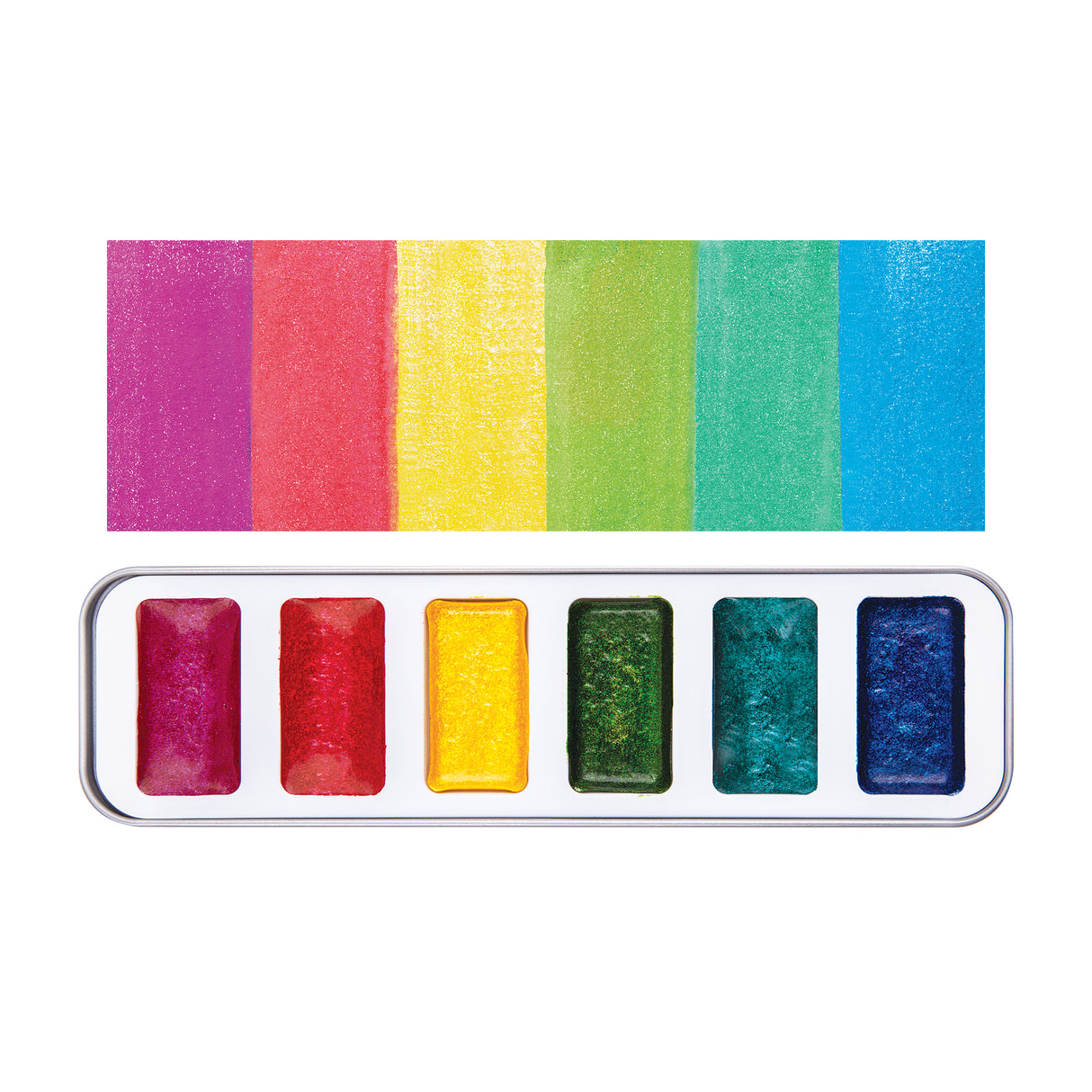 Product image of Creamy Colours Watercolours by Zart Glitter showing six glitter watercolour pans arranged in a silver metal tray beneath matching colour swatches. The palette includes pink, red, yellow, green, teal and blue tones, each displaying a reflective, sparkling finish.