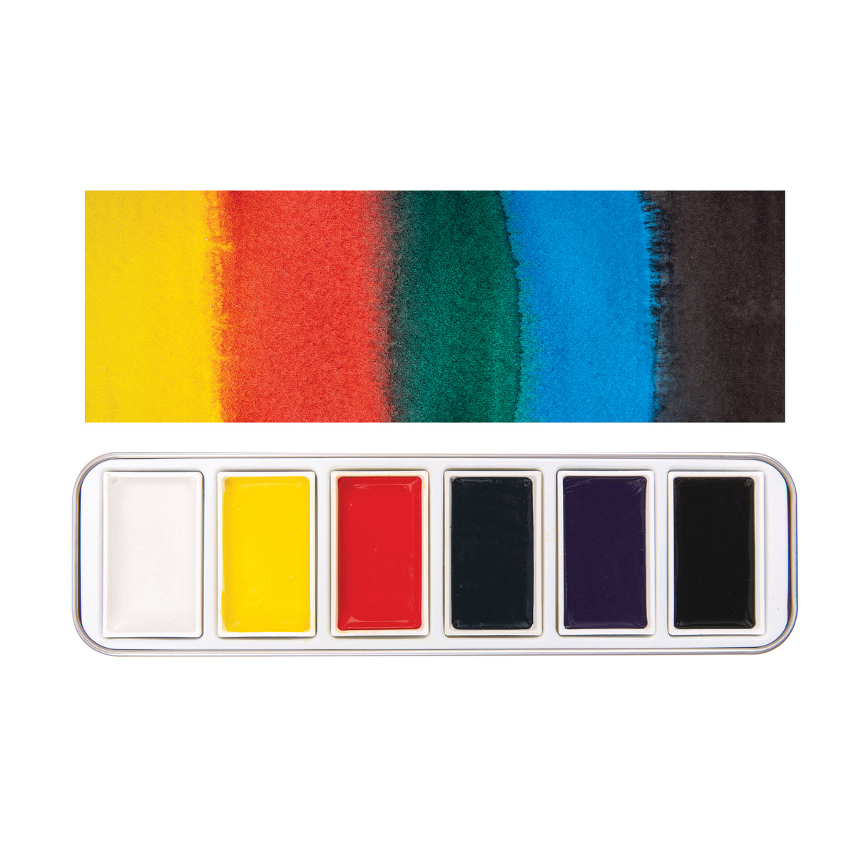 Product image of Creamy Colours Watercolours by Zart Essentials showing six watercolour pans arranged in a silver metal tray beneath matching colour swatches. White, yellow, red, blue, purple and black tones blend softly at the edges, demonstrating smooth colour transitions and watercolour effects.