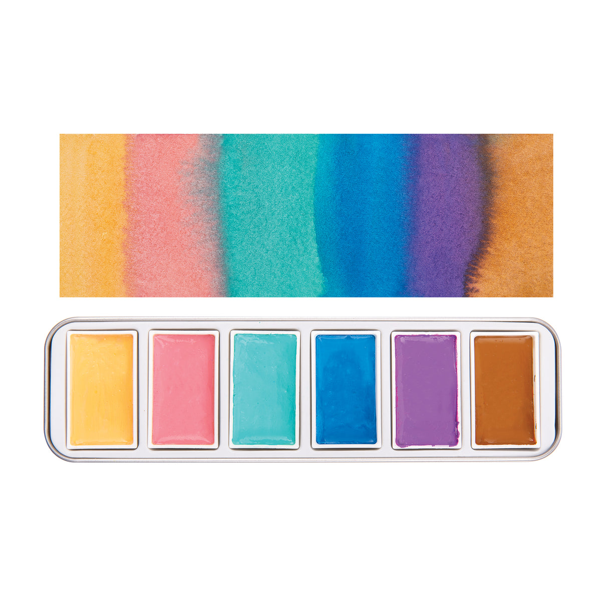 Product image of Creamy Colours Watercolours by Zart Macaron showing six watercolour pans arranged in a silver metal tray beneath matching colour swatches. Soft pastel shades of peach, berry pink, mint green, blue, grape purple and caramel brown display smooth colour transitions and delicate watercolour blending.