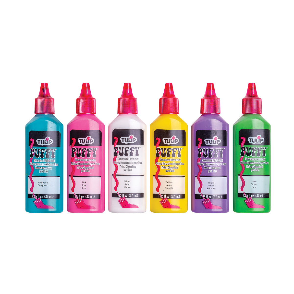 Six Tulip Puffy Dimensional Fabric Paint bottles standing in a row against white, each with a red pointed nozzle cap. The bottles are filled with turquoise, pink, white, yellow, purple and lime green paint, labelled with the colour name on each.
