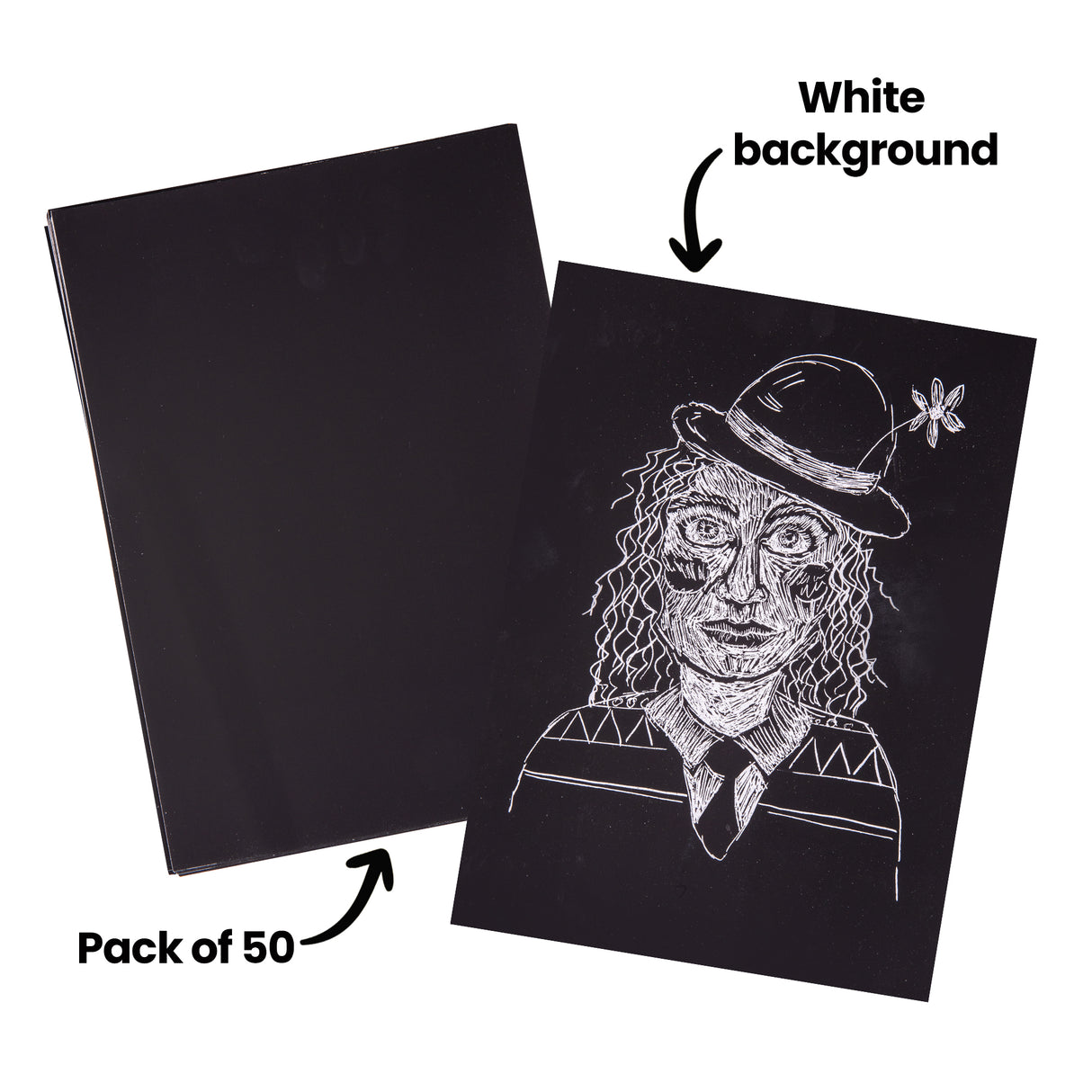 An annotated image of a stack of Zart Scratch Paper sheets beside a completed scratch art portrait of a figure wearing a bowler hat, with curly hair and a flower tucked into the hat band. Labelled "Pack of 50" and "White background".