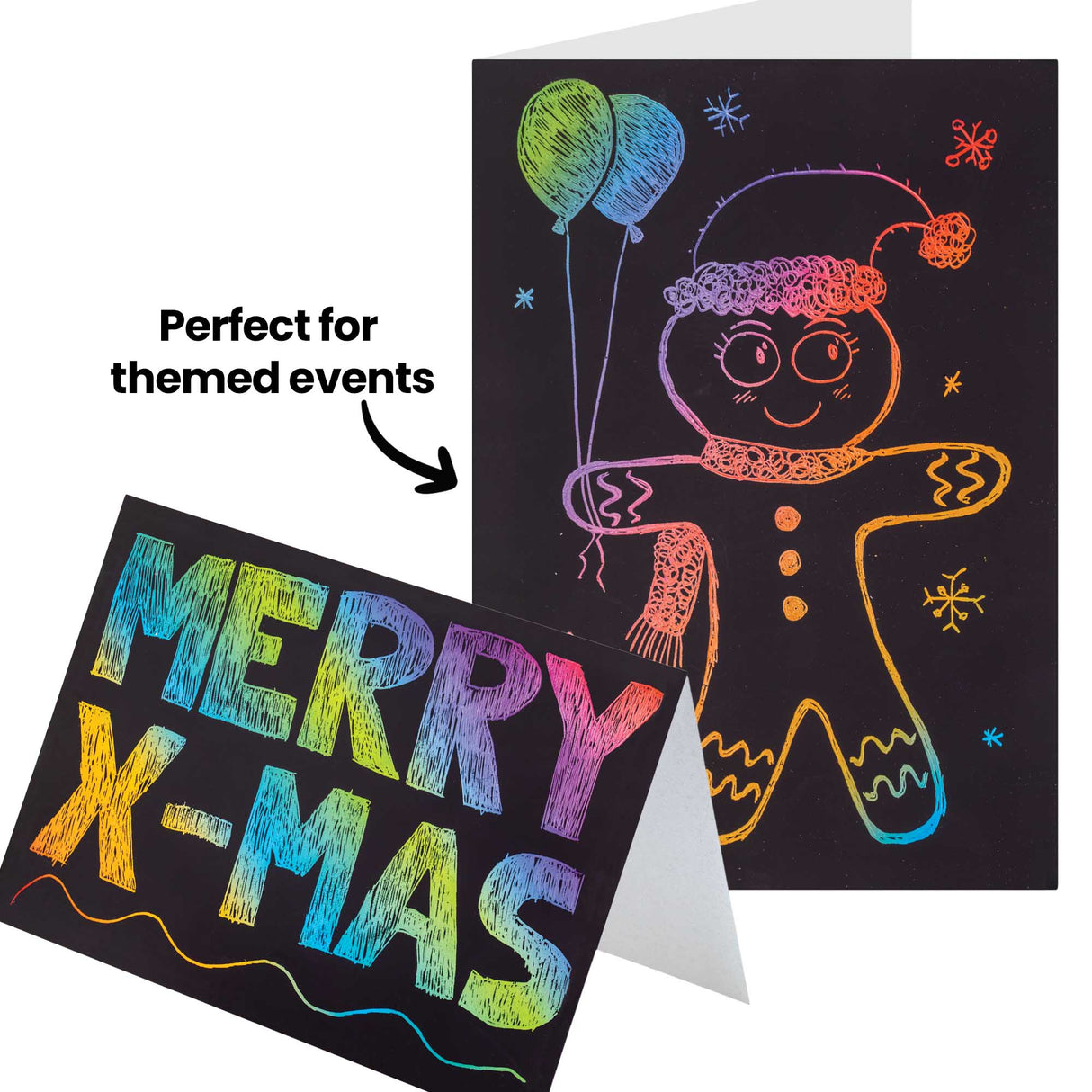 An annotated image labelled "Perfect for themed events" with an arrow, showing two Zart Scratch Greeting Cards: one scratched with "MERRY X-MAS" in rainbow lettering, and another depicting a smiling gingerbread figure holding two balloons, wearing a scarf and pom-pom hat, surrounded by scattered snowflakes.