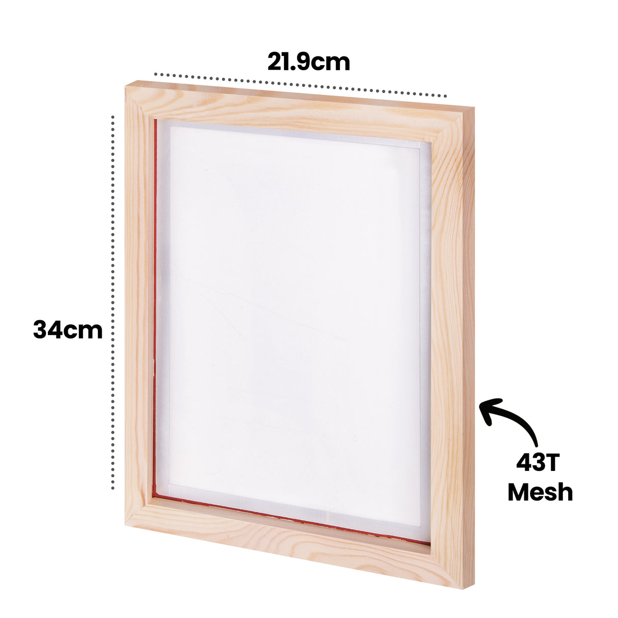 A close-up of a wooden screen printing frame highlights the natural timber grain and fine white mesh surface. Black annotation text reads “21.9cm” and “34cm” with dotted guide lines, and “43T Mesh” with an arrow pointing to the mesh area.