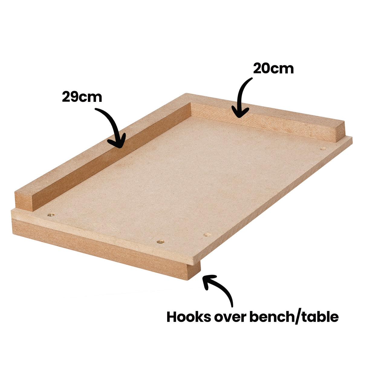 Zart Wooden Bench Hook product code TQ518 - A wooden rectangular board with raised edges on two sides measuring 29 cm and 20 cm, and a lower lip underneath designed to hook over a bench or table.