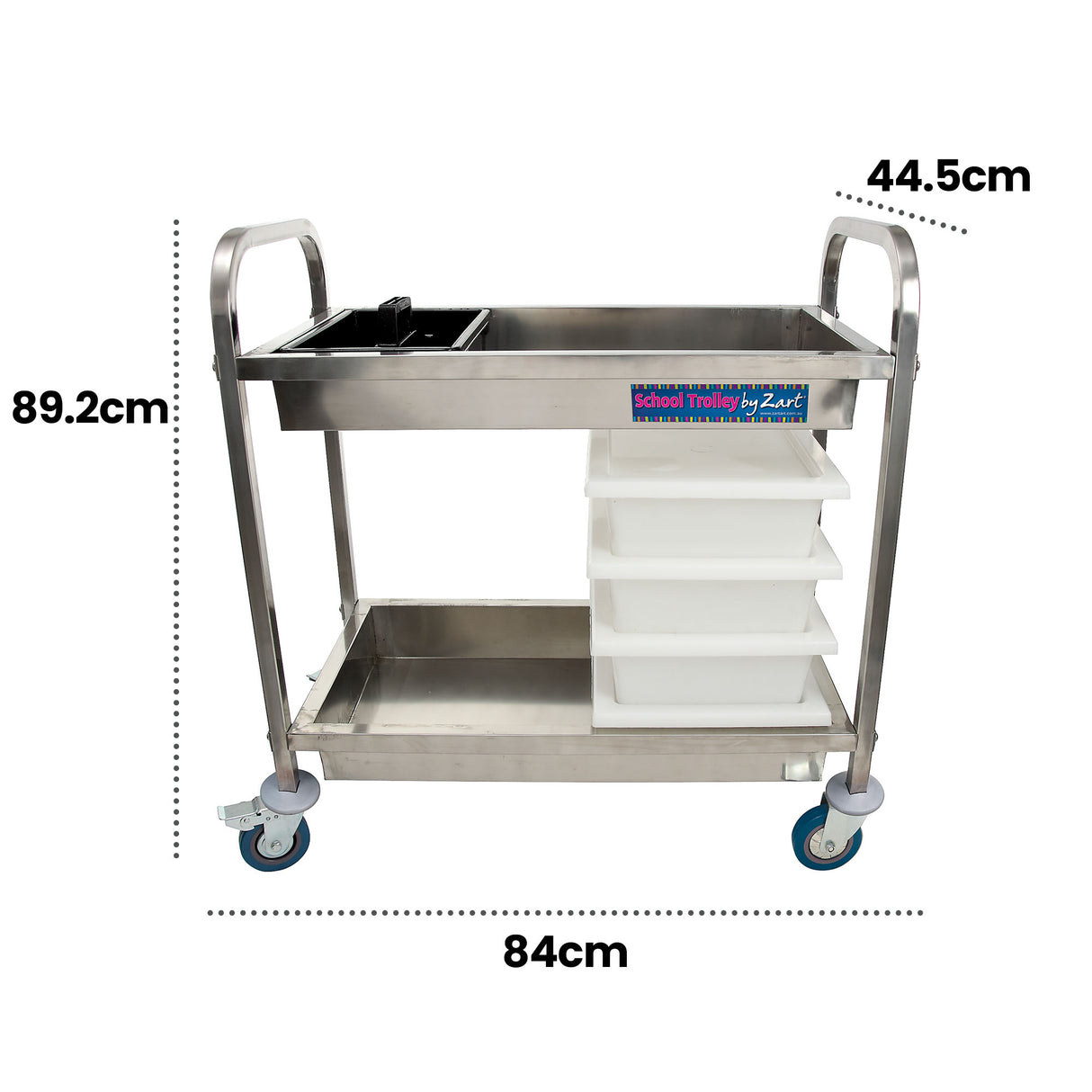 Front view of School Trolley by Zart with measurement annotations. Dotted lines label “89.2cm” height, “84cm” width and “44.5cm” depth. White storage tubs stacked on the lower shelf.