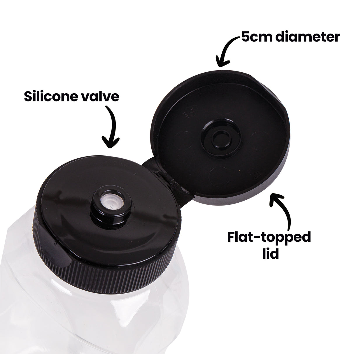Close-up of the black lid flipped open, with annotations reading “Silicone valve”, “5cm diameter” and “Flat-topped lid”. The image highlights the removable valve and sturdy cap design for controlled, non drip dispensing.