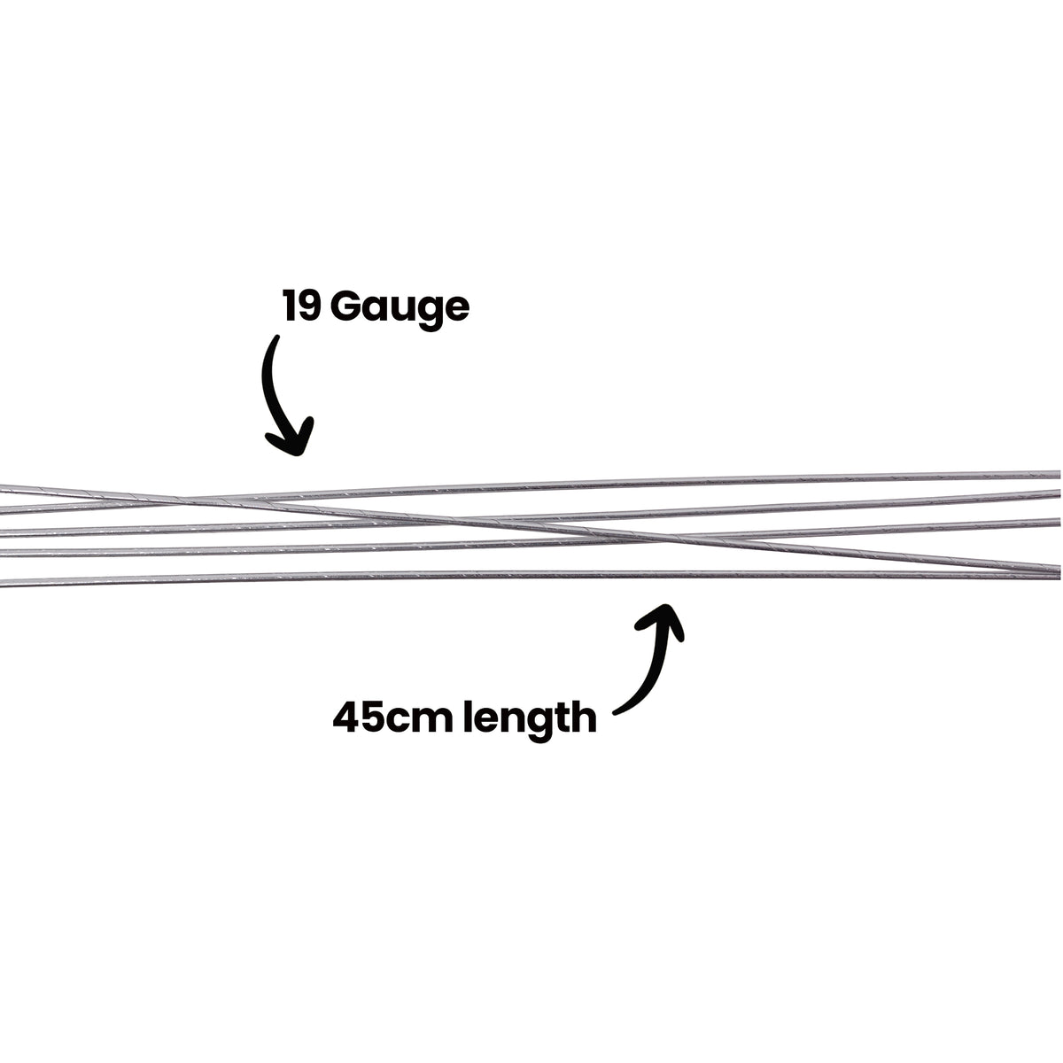 Several strands of silver florist wire laid horizontally and crossing against a white background. A black arrow labelled "19 Gauge" points down to the wire from above, while a second arrow labelled "45cm length" points up to it from below, highlighting the wire's thickness and length.