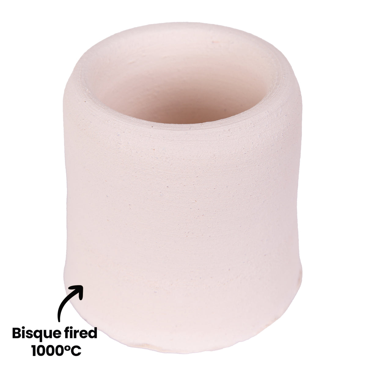 Cylindrical vessel made from pale cream Northcote Stoneware Clay with smooth, matte surface and hollow centre opening. The piece displays natural speckled texture throughout. Arrow annotation points to the clay body with text reading "Bisque fired 1000°C" indicating the firing temperature and stage of this ceramic sample.