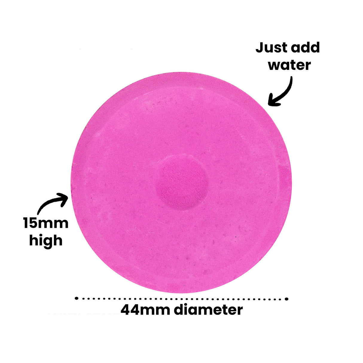 Bright pink circular paint disc measuring 44mm diameter and 15mm high, shown with a water droplet effect in the centre. Annotations indicate "Just add water" pointing to the disc and "15mm high" on the left side, with "44mm diameter" labelled below the Poster Colours Paint Refills by Zart.