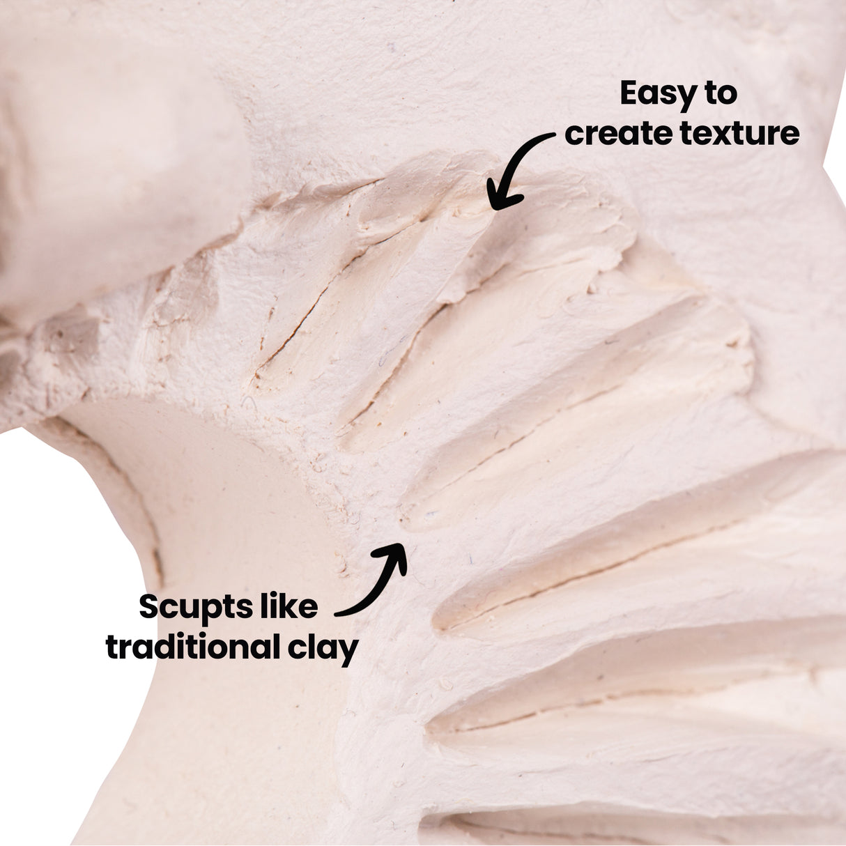 Close-up of clay surface with carved marks and ridges, showing texture detail with on-image text reading “Easy to create texture” and “Sculpts like traditional clay”.