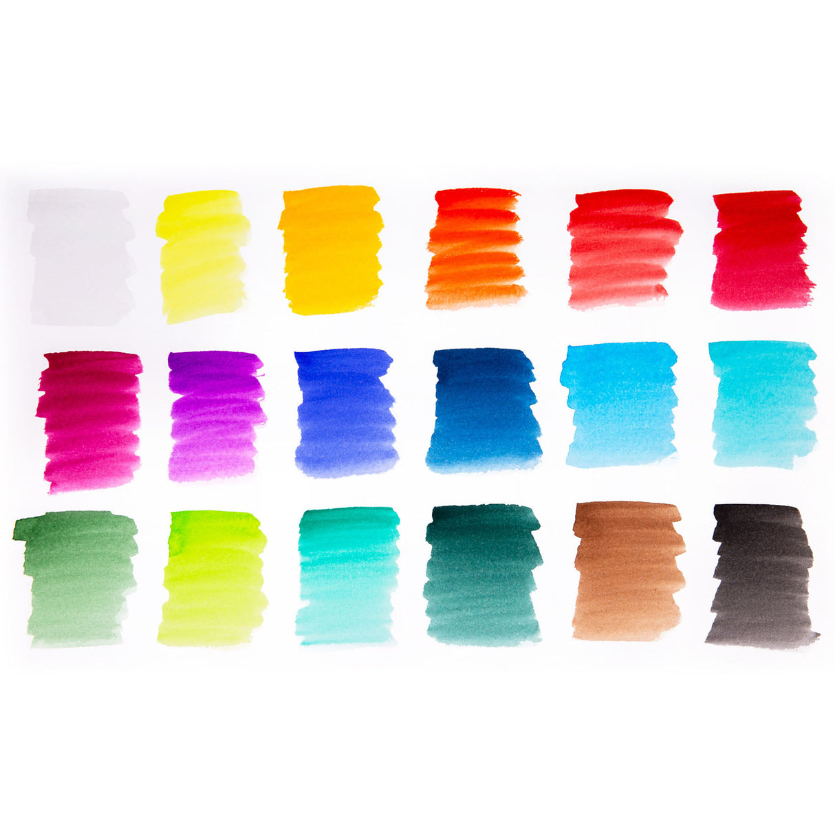 Eighteen watercolour gradient swatches arranged in three rows, displaying a vibrant spectrum from yellows and oranges through reds, purples and blues to greens, teals, browns and black. Each Primecolours swatch shows smooth colour transitions from saturated to diluted tones, demonstrating the paint's blending capabilities and pigment intensity on white paper.